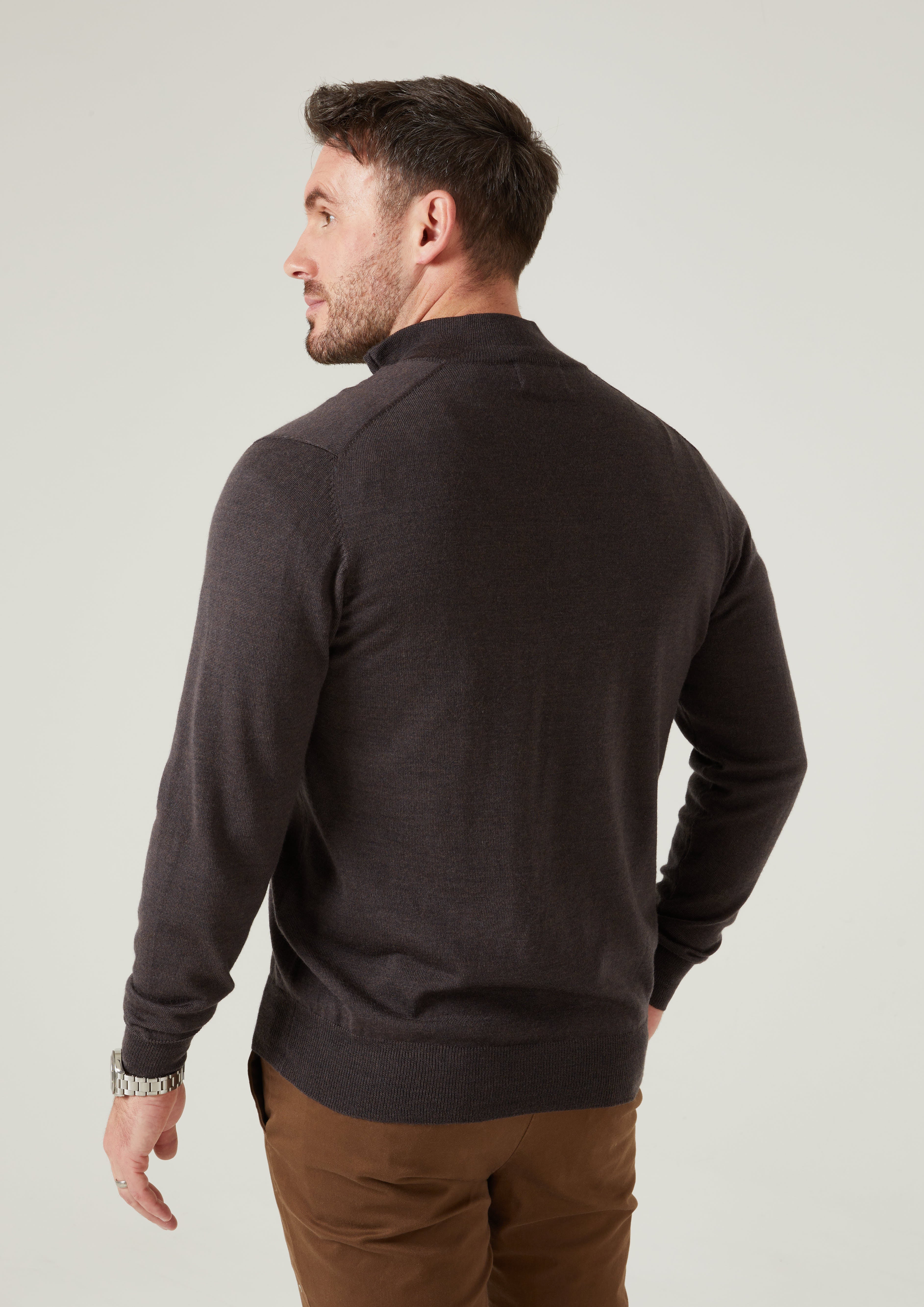 Barton Merino Wool 1/4 Zip Mock Jumper in Dark Brown - Regular Fit - Image 3