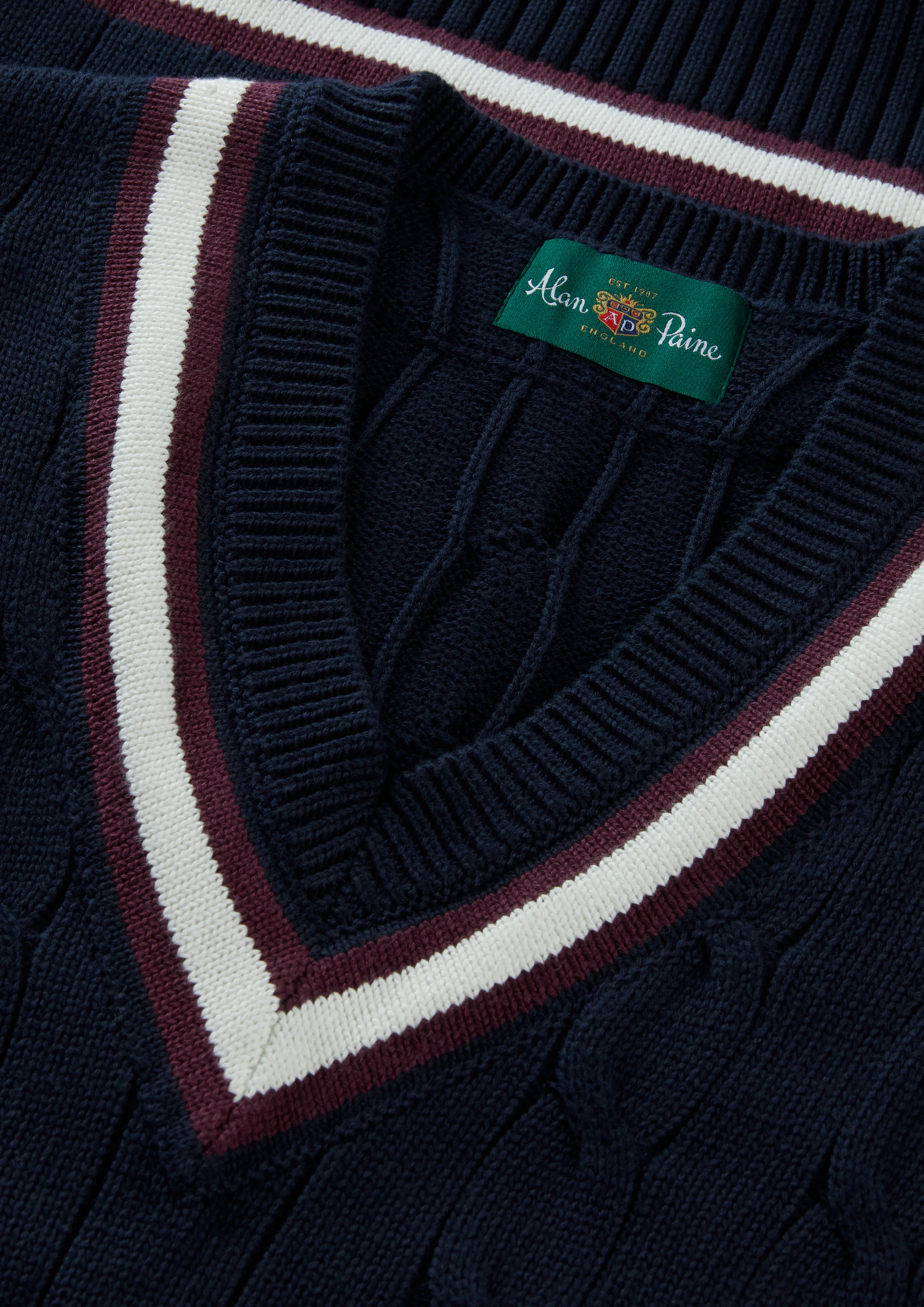 Chadbury Cable Cricket Slipover In Dark Navy and Blackcurrant - Image 4
