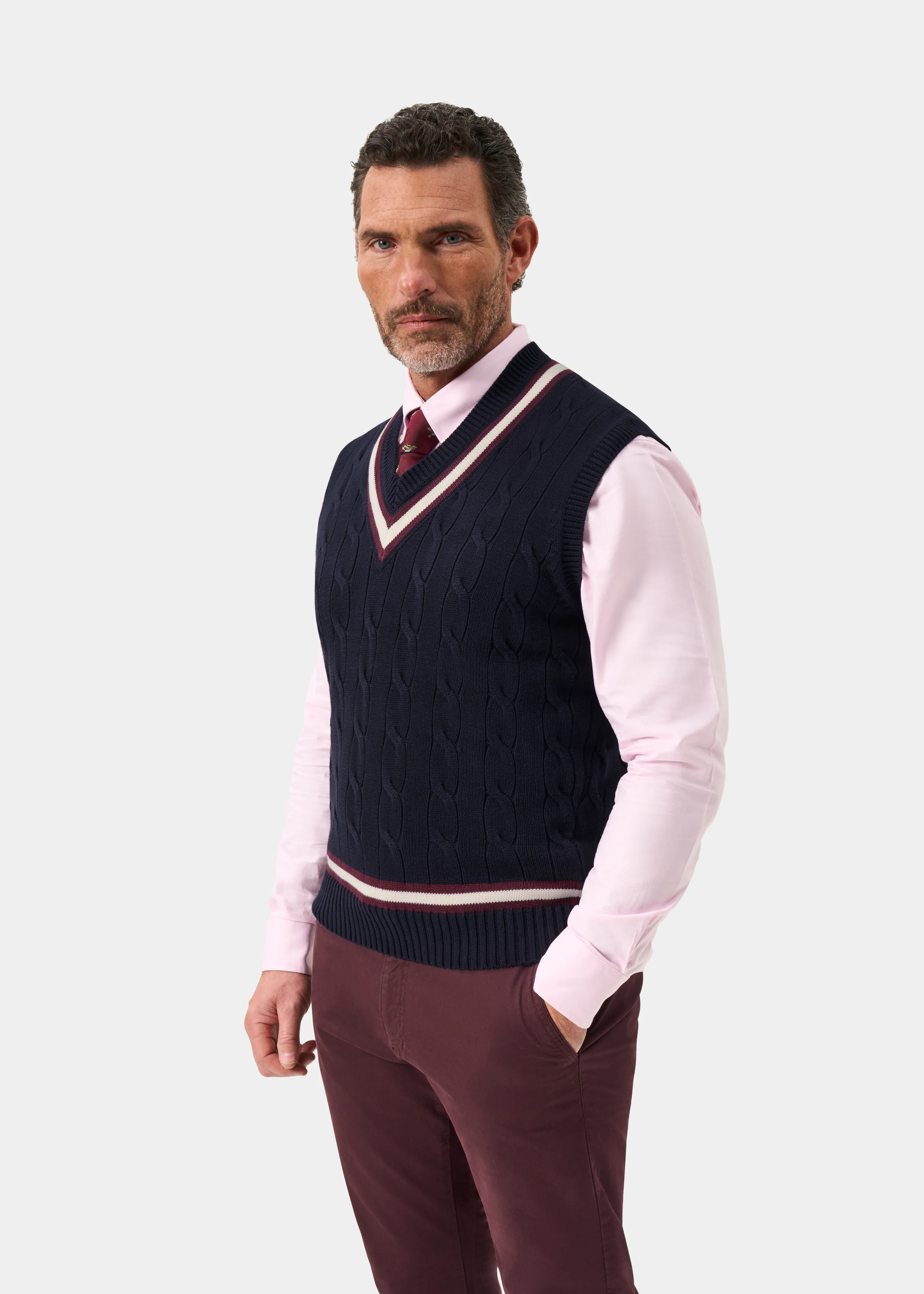 Chadbury Cable Cricket Slipover In Dark Navy and Blackcurrant - Image 5