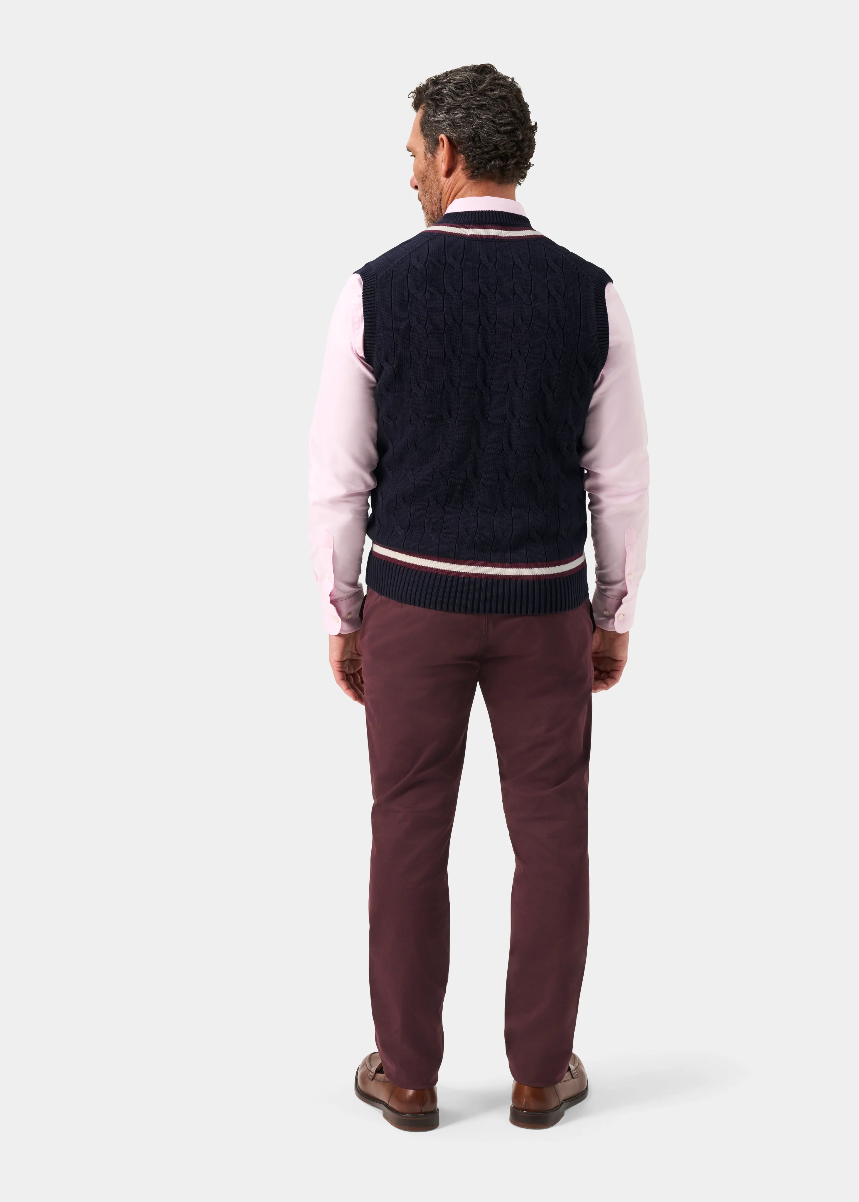 Chadbury Cable Cricket Slipover In Dark Navy and Blackcurrant - Image 6