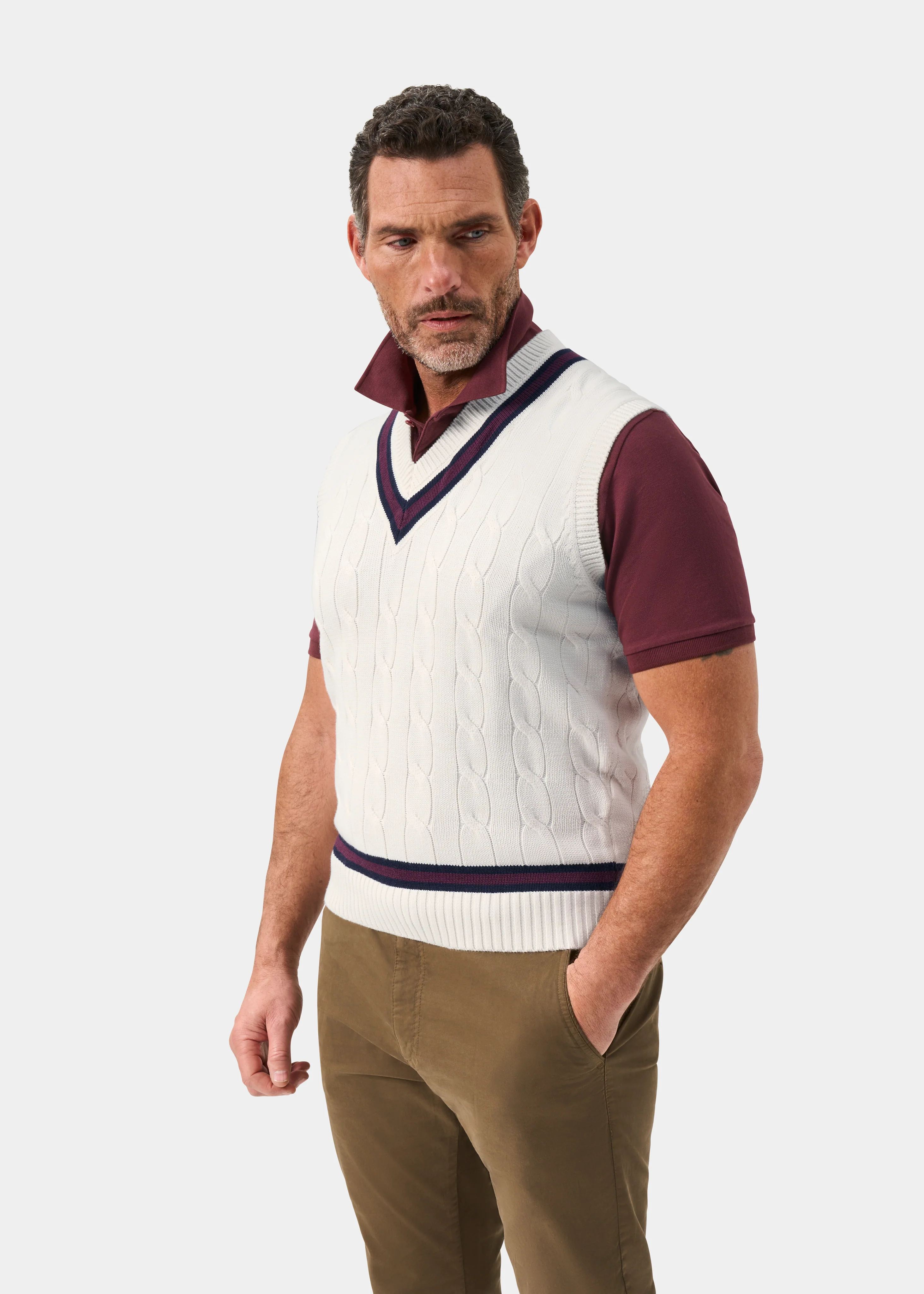 Chadbury Cable Cricket Slipover In Ecru and Dark Navy - Image 5