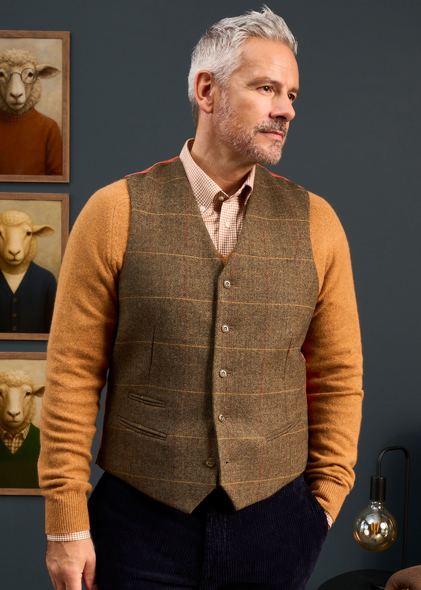 Combrook Men's Tweed Water Repellent Lined-Back Waistcoat in Teak - Regular Fit - Image 3