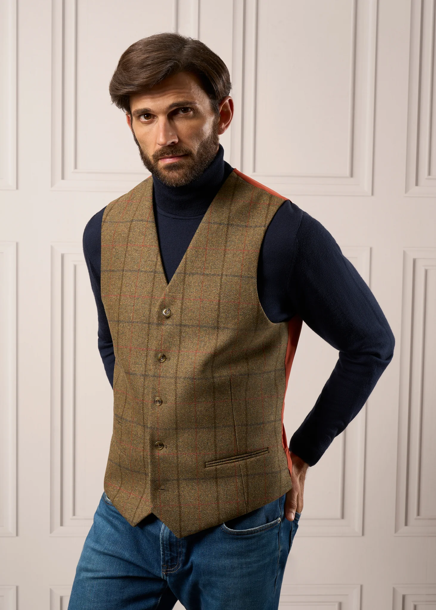 Combrook Men's Tweed Water Repellent Lined-Back Waistcoat in Thyme  -  Regular Fit - Image 4
