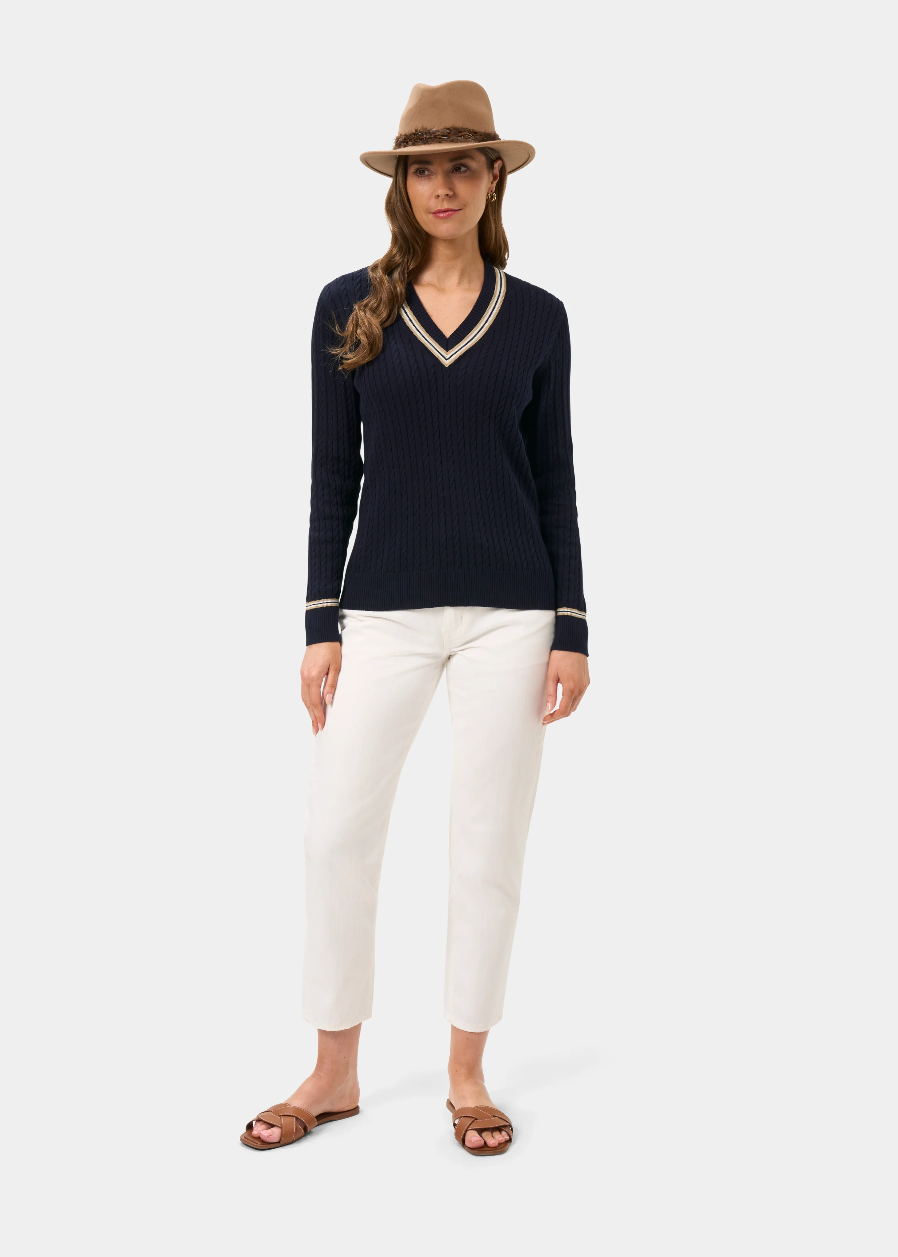 Ladies Cable Knit Cricket Jumper In Dark Navy - Image 4