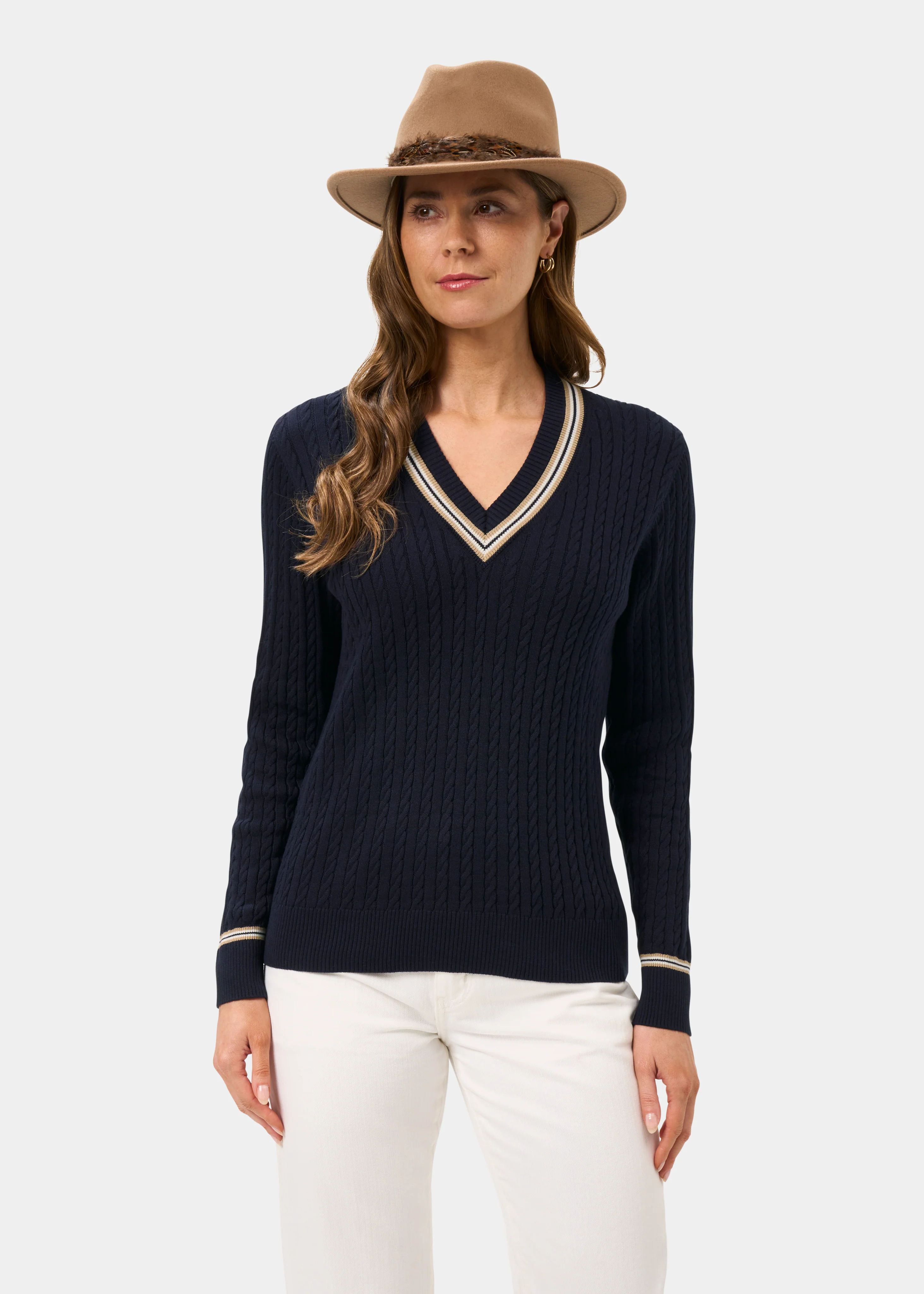 Ladies Cable Knit Cricket Jumper In Dark Navy - Image 5