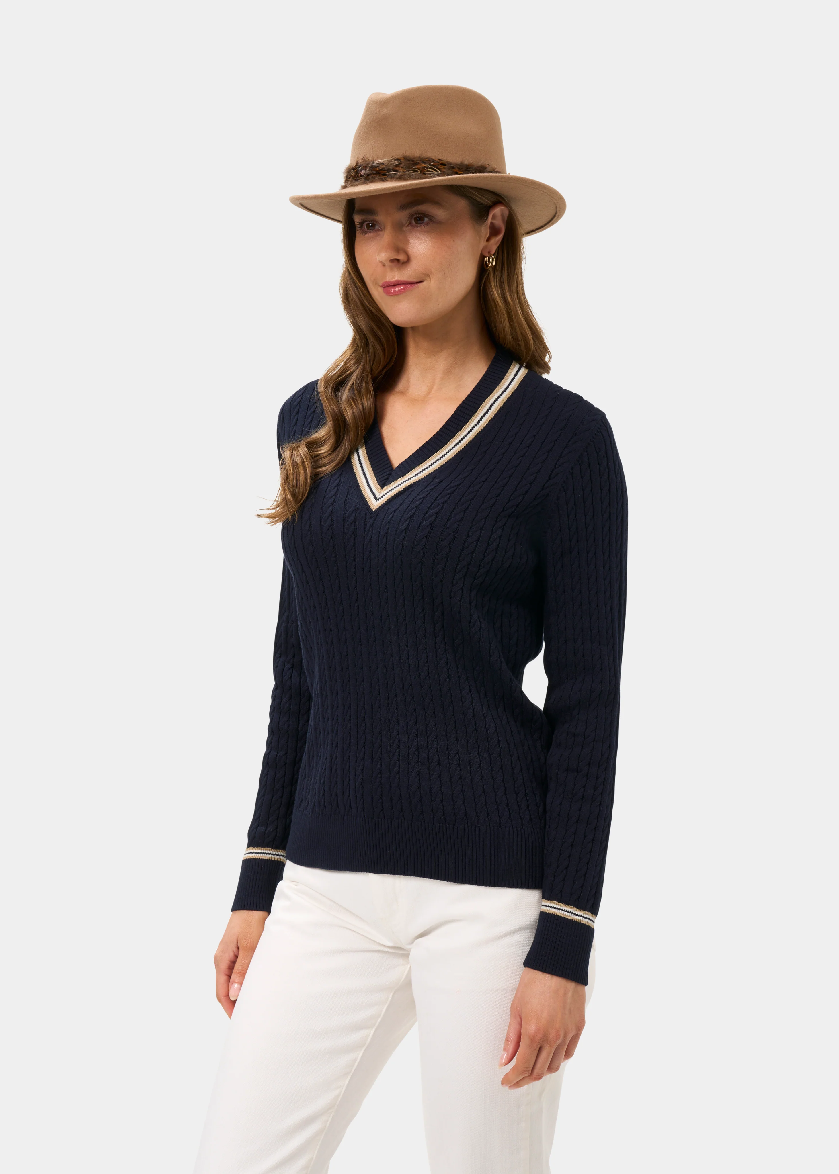 Ladies Cable Knit Cricket Jumper In Dark Navy - Image 6