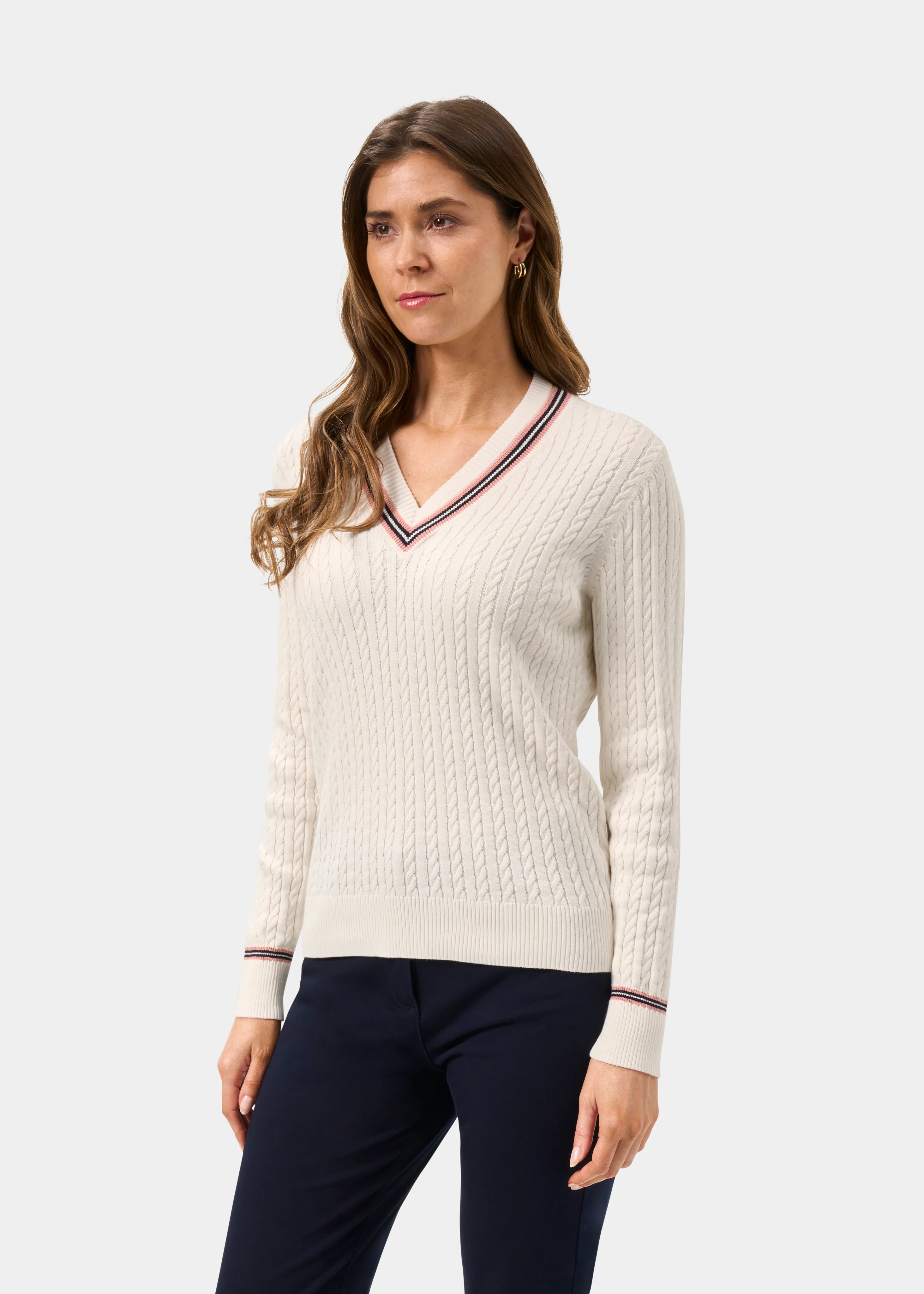 Ladies Cable Knit Cricket Jumper In Ecru - Image 6