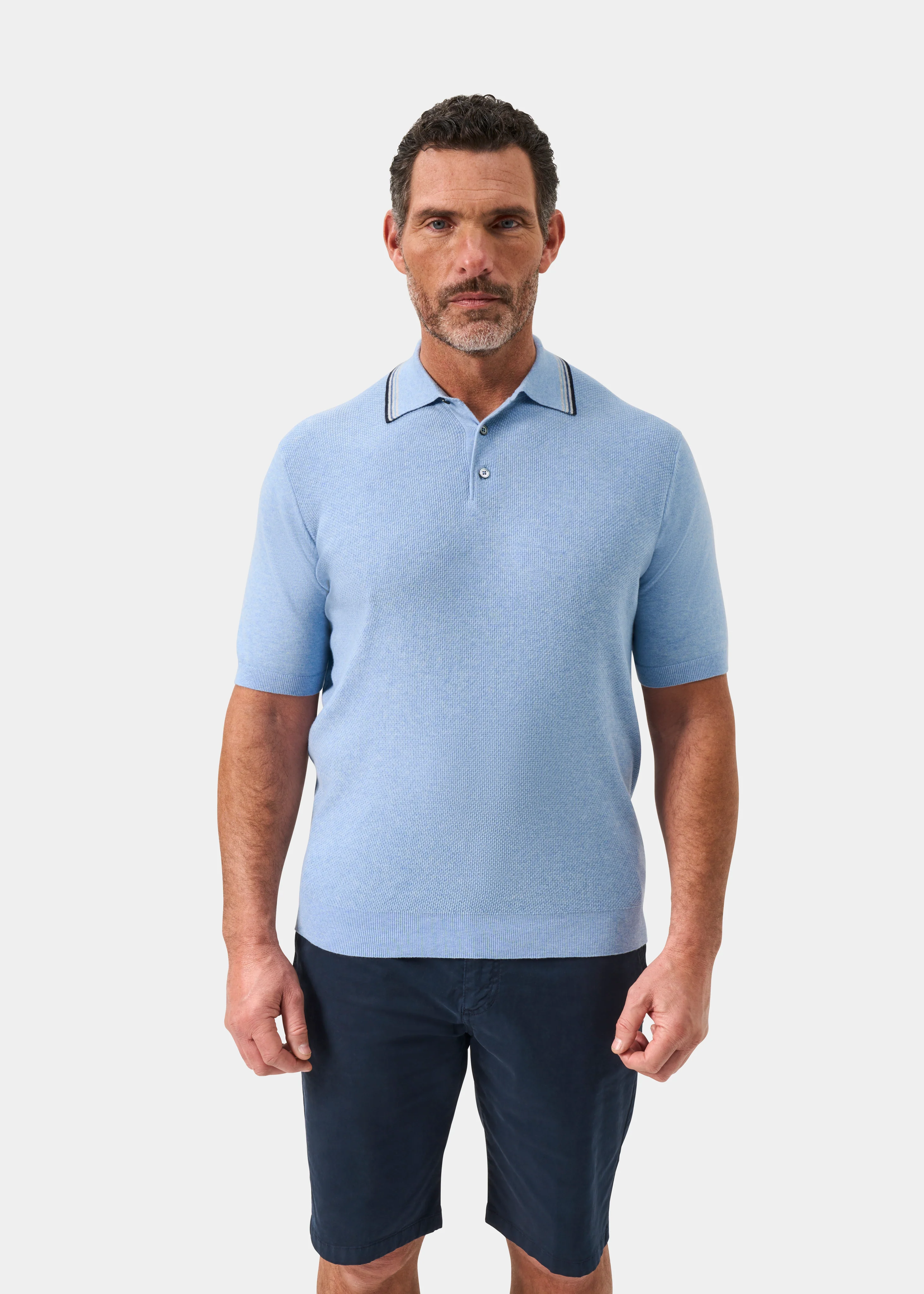 Lulworth Men's Cotton Cashmere Textured Polo In Steel Blue - Image 2