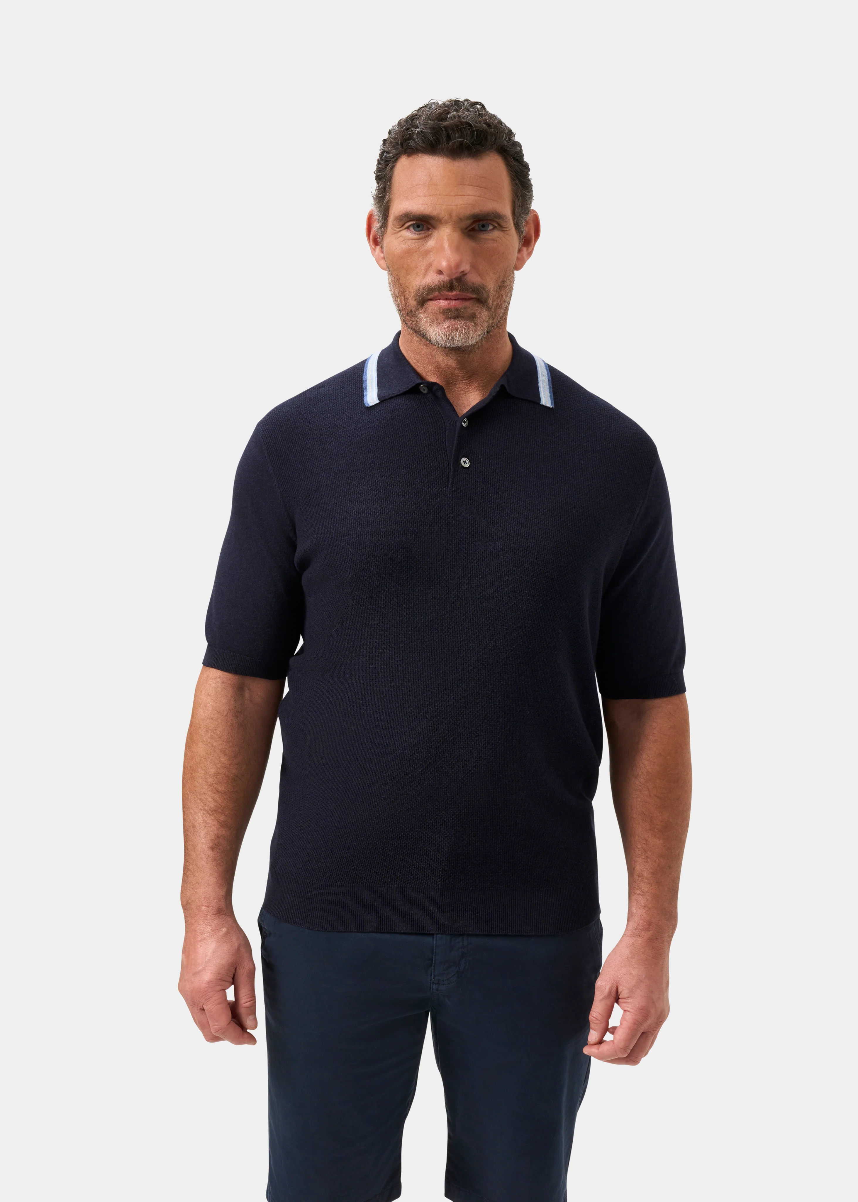 Lulworth Men's Cotton Cashmere Textured Polo In Dark Navy - Image 5