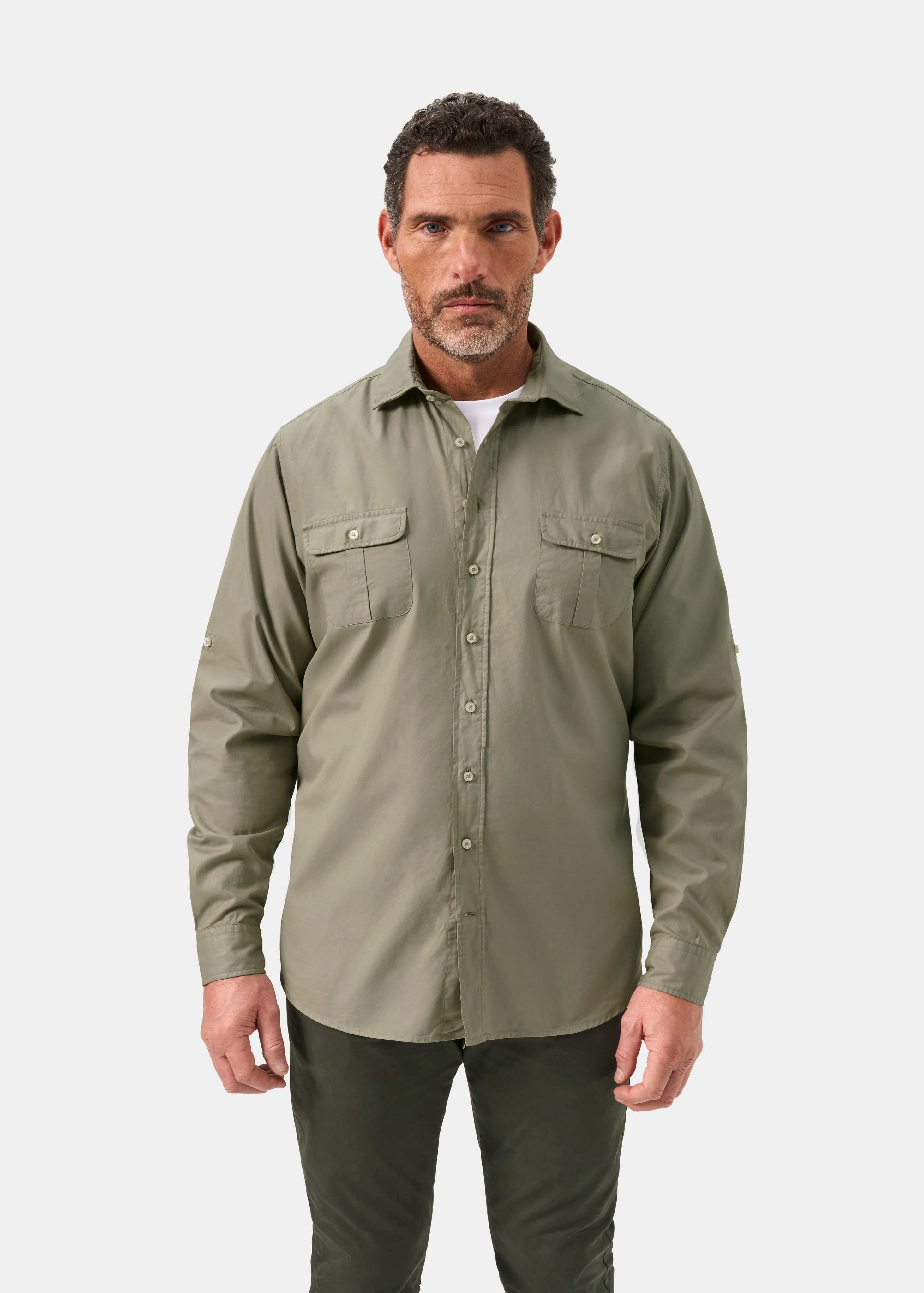 Morowe Men's Long Sleeve Safari Shirt In Light Kaki - Classic Fit - Image 5