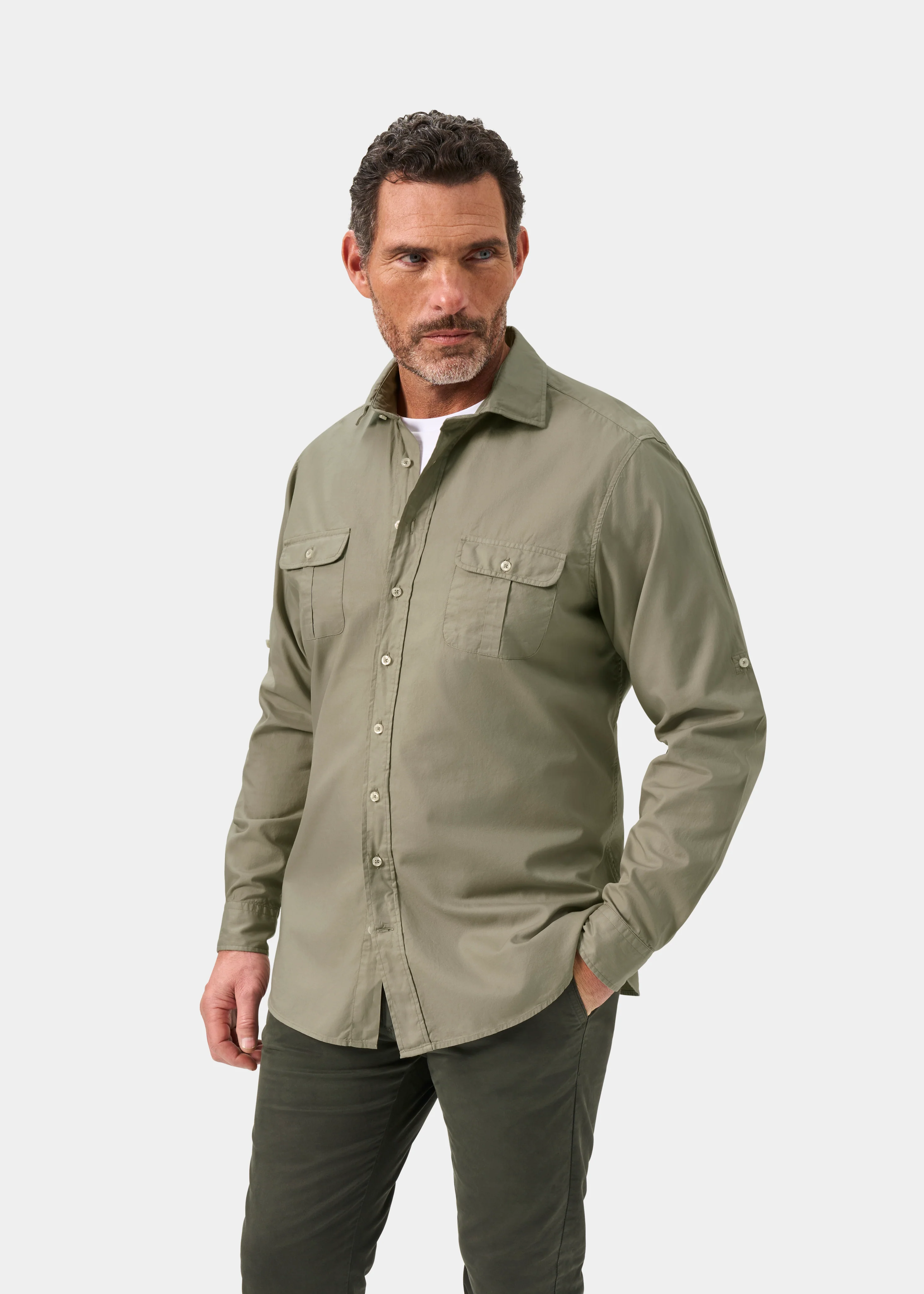 Morowe Men's Long Sleeve Safari Shirt In Light Kaki - Classic Fit - Image 6