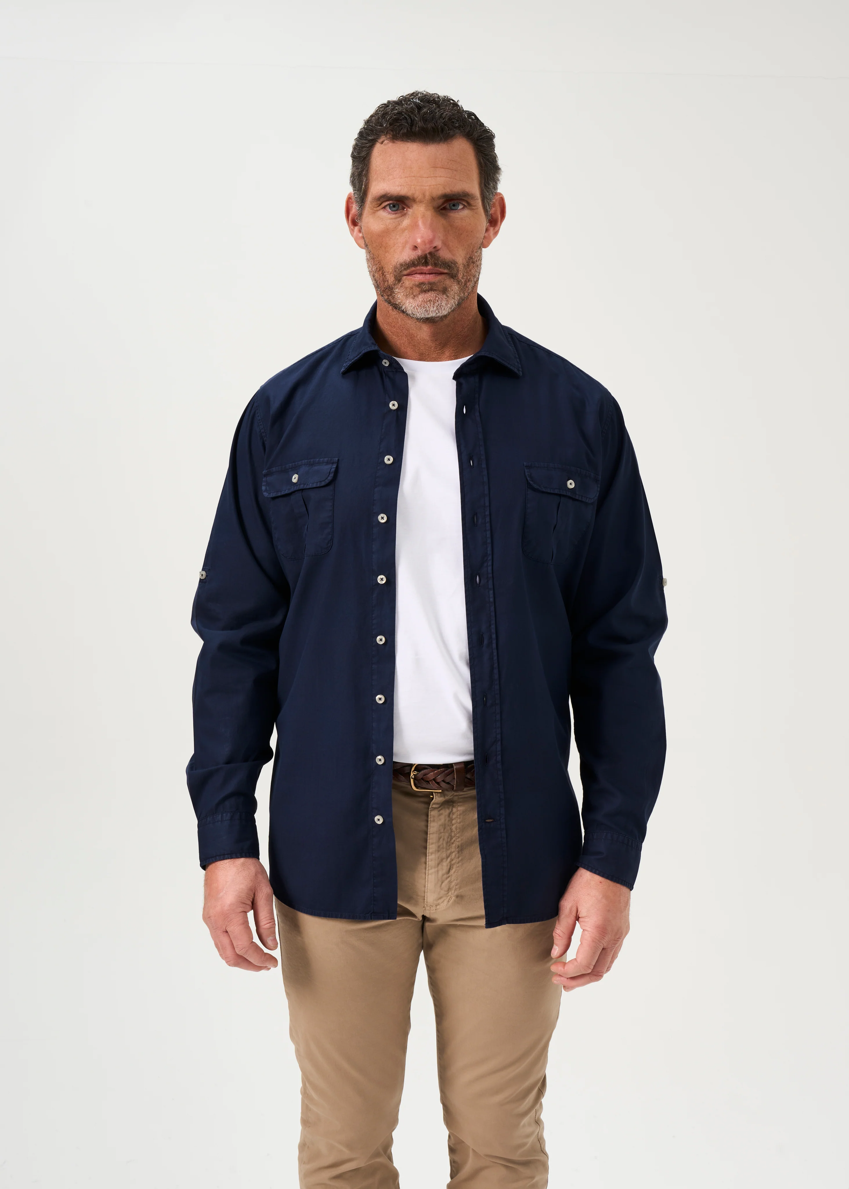 Morowe Men's Long Sleeve Safari Shirt In Navy - Classic Fit - Image 5