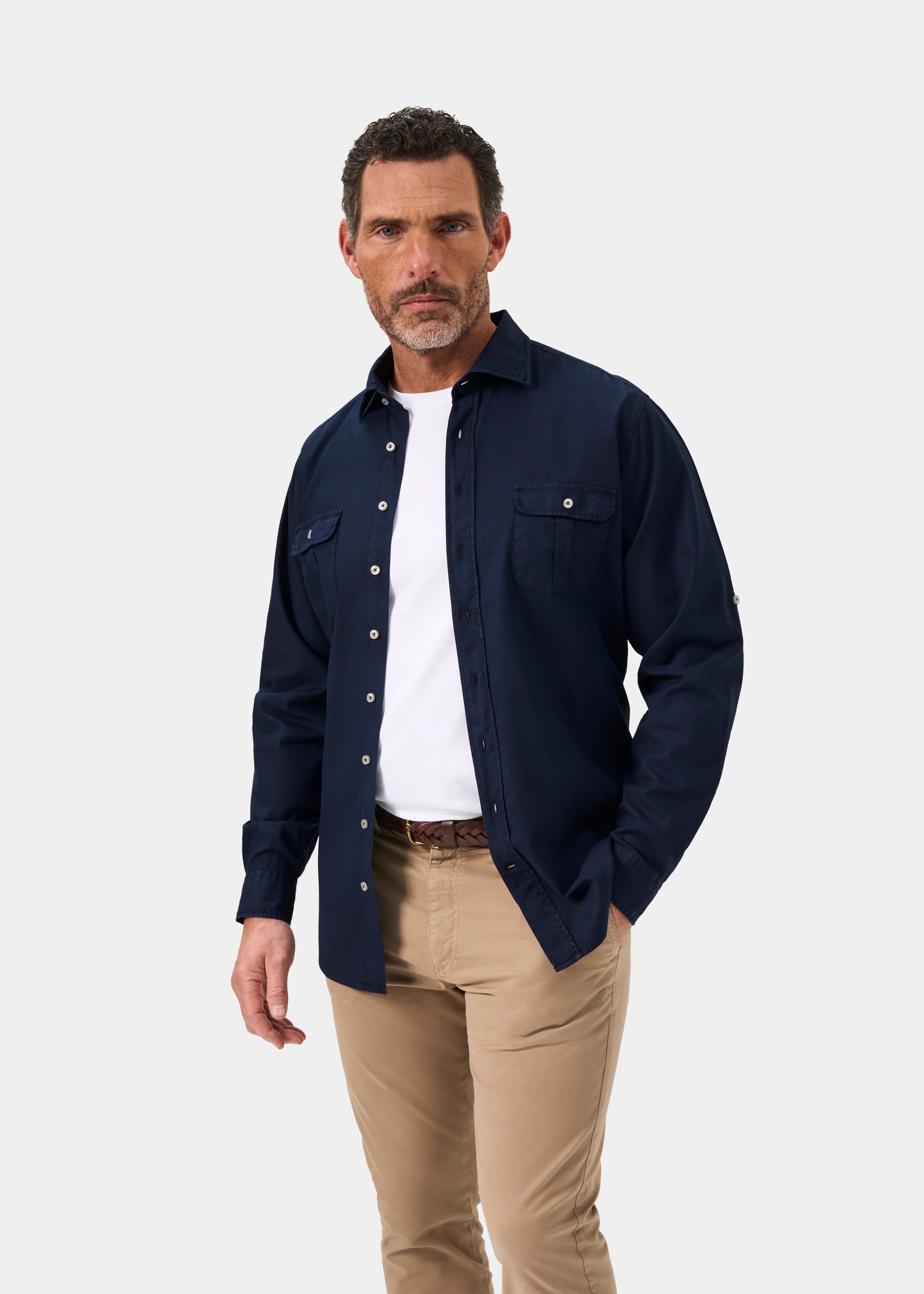 Morowe Men's Long Sleeve Safari Shirt In Navy - Classic Fit - Image 6