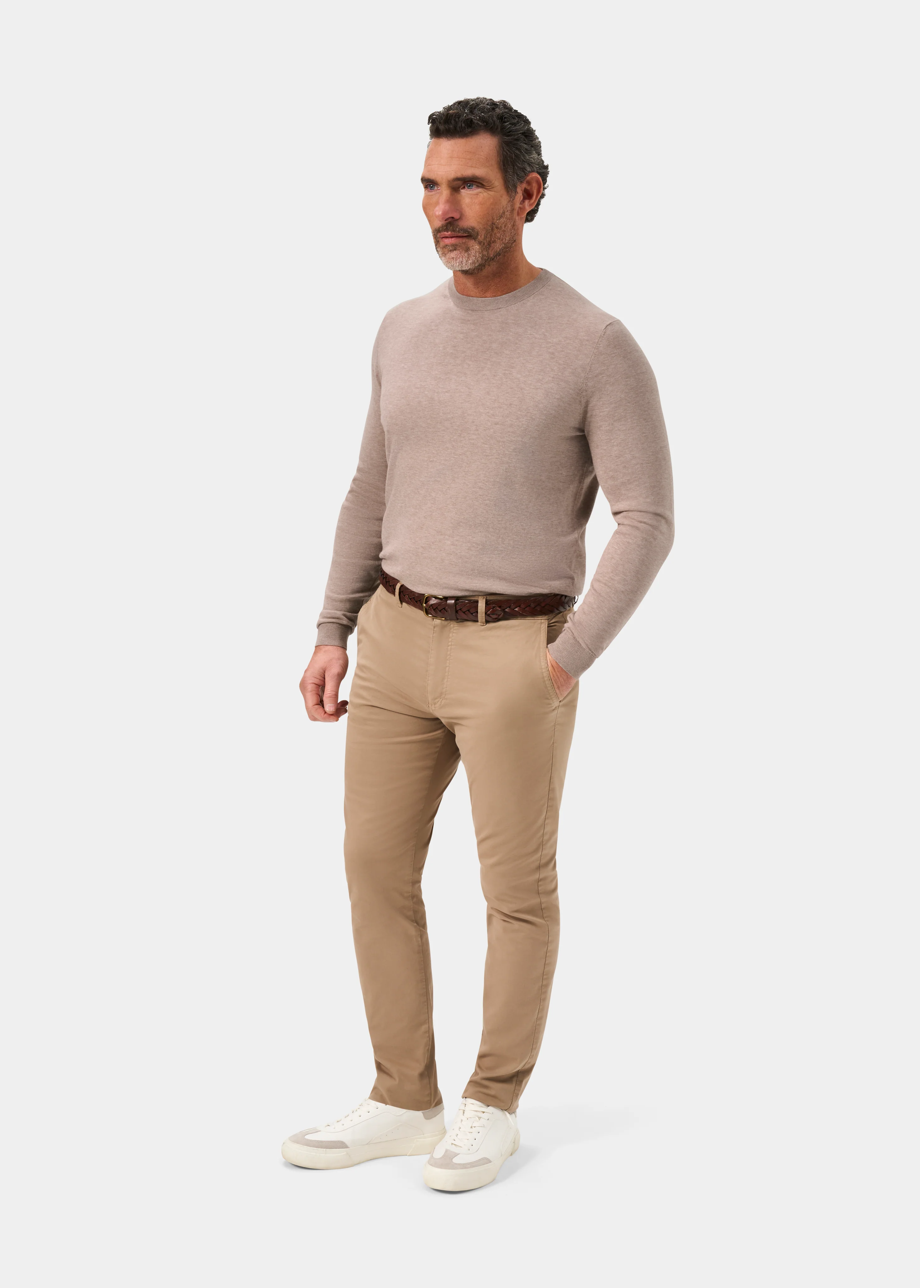 Oakford Cotton Long Sleeve Crew Neck Shirt In Coffee - Image 2