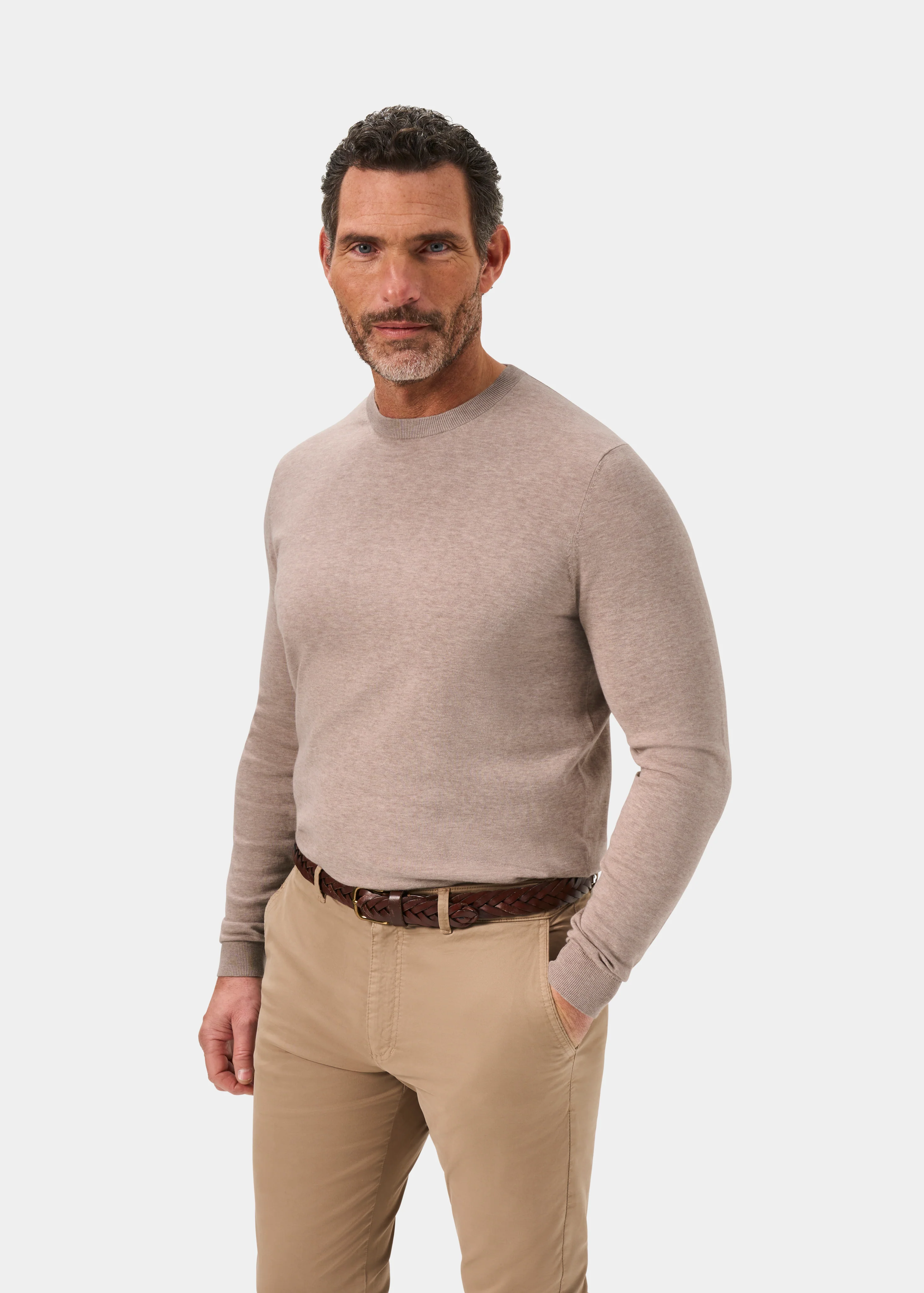 Oakford Cotton Long Sleeve Crew Neck Shirt In Coffee - Image 6