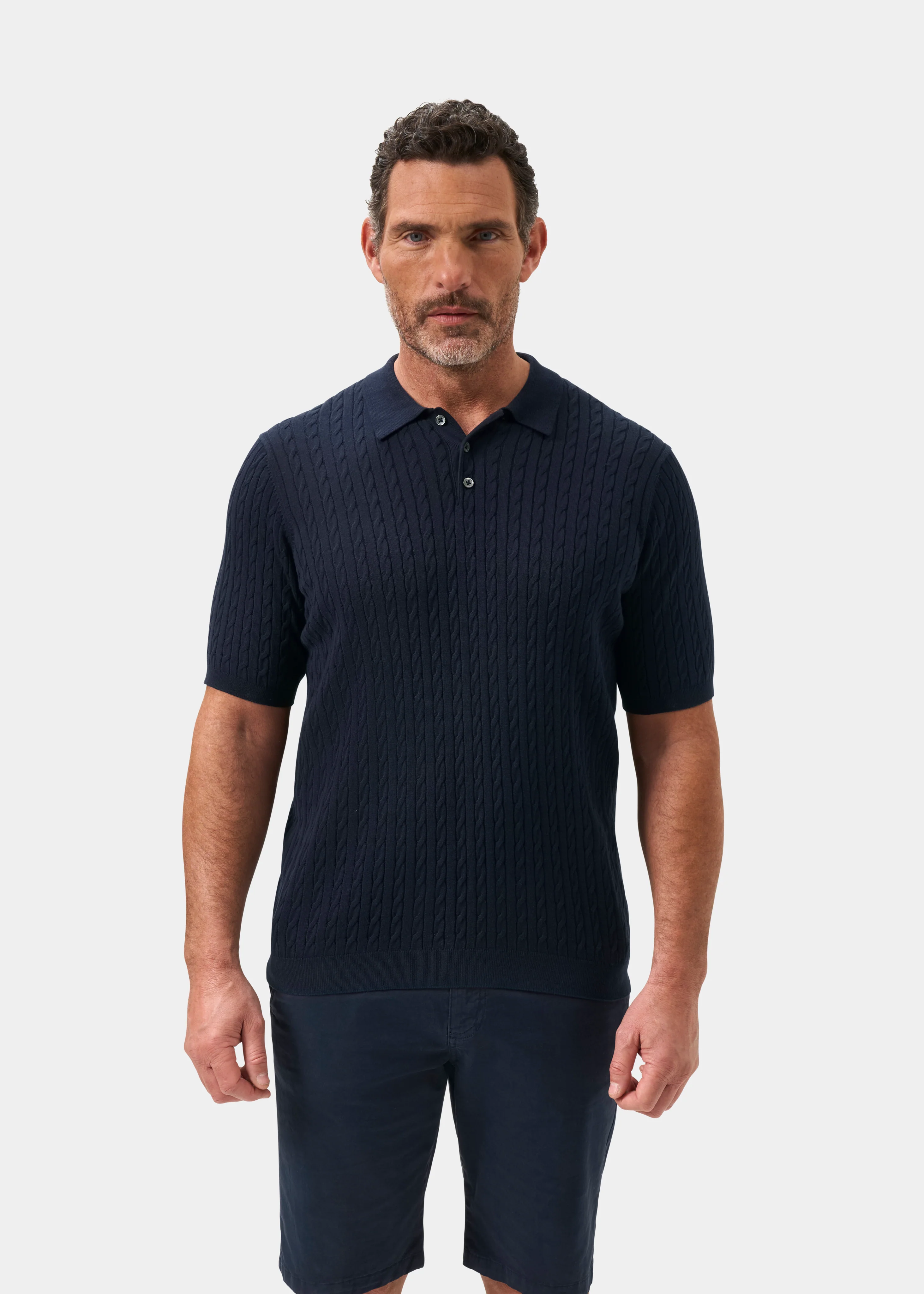 Portmellon Men's Baby Cable & Bar Polo In Dark Navy - Image 5