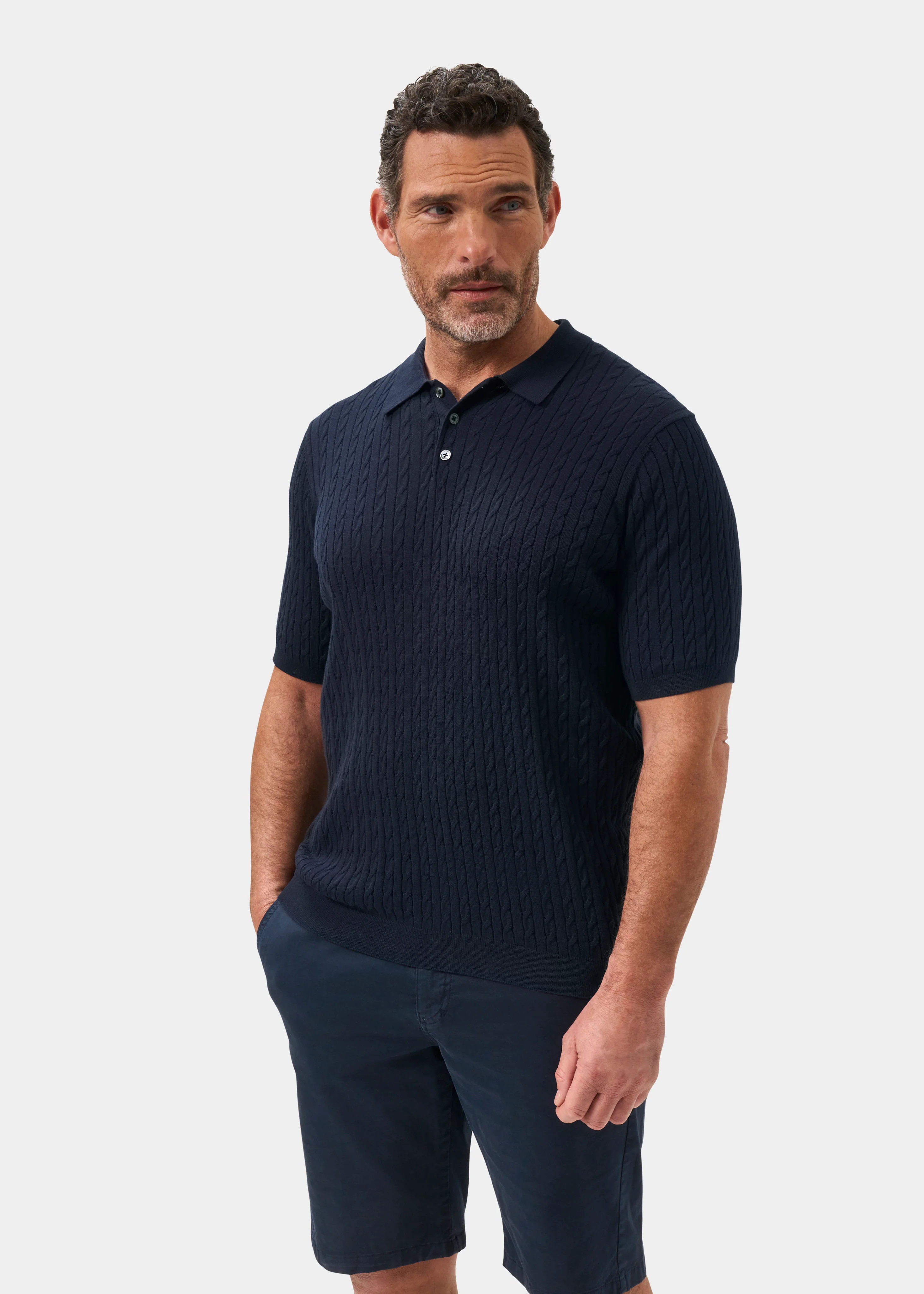 Portmellon Men's Baby Cable & Bar Polo In Dark Navy - Image 6