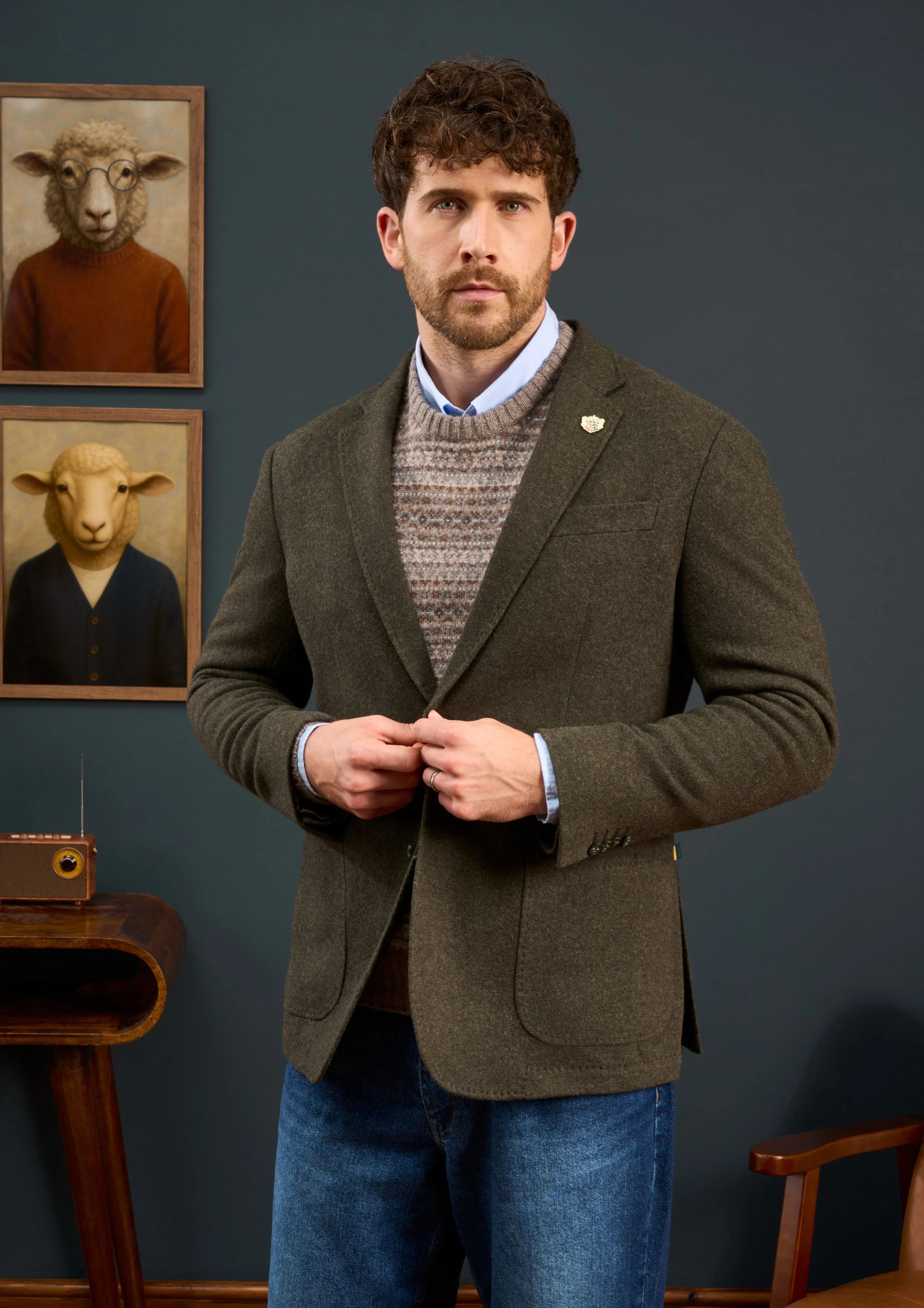 Richmond Men's Knitted Blazer In Olive - Image 3