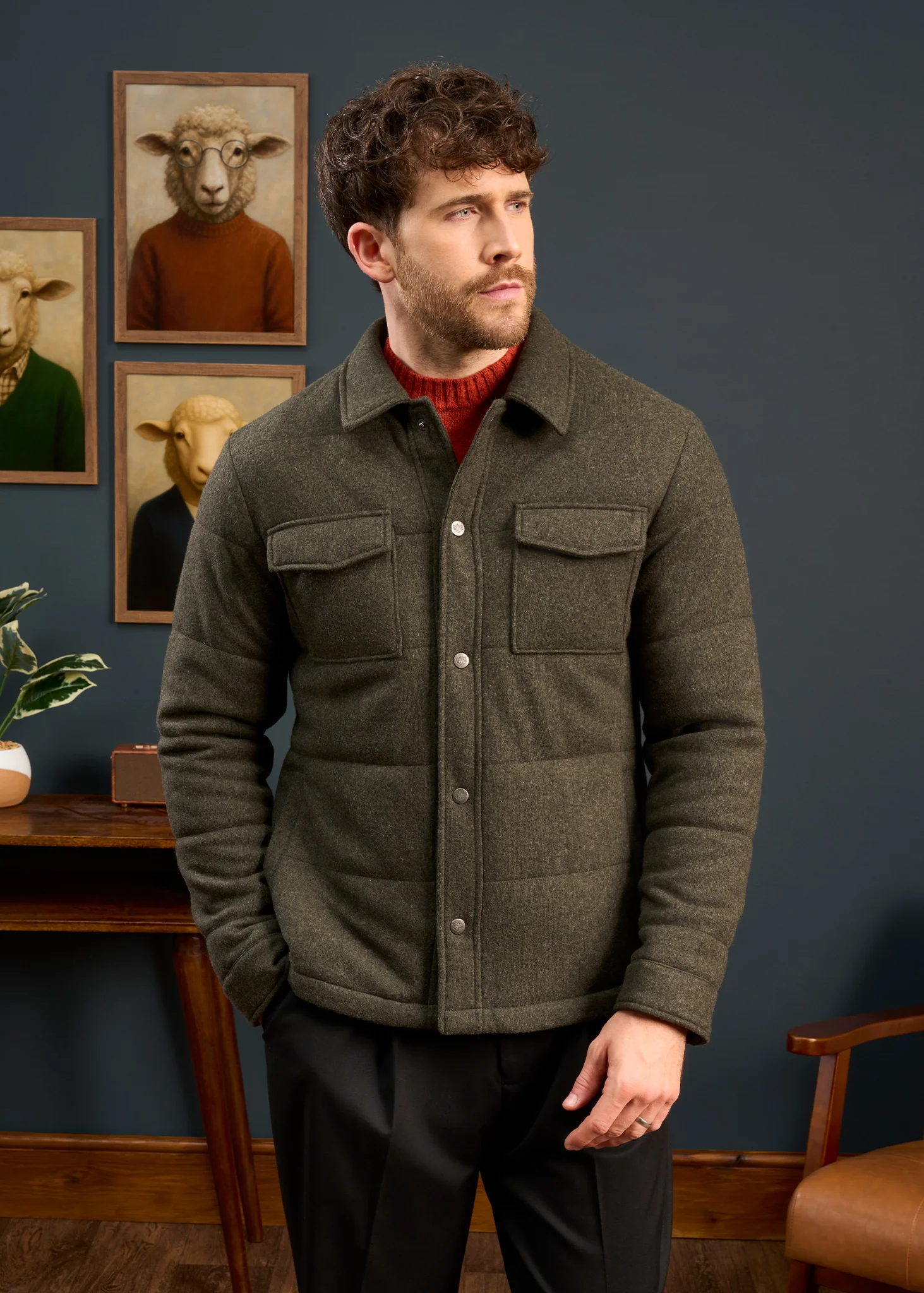 Richmond Men's Knitted Quilted Shacket In Olive - Image 2