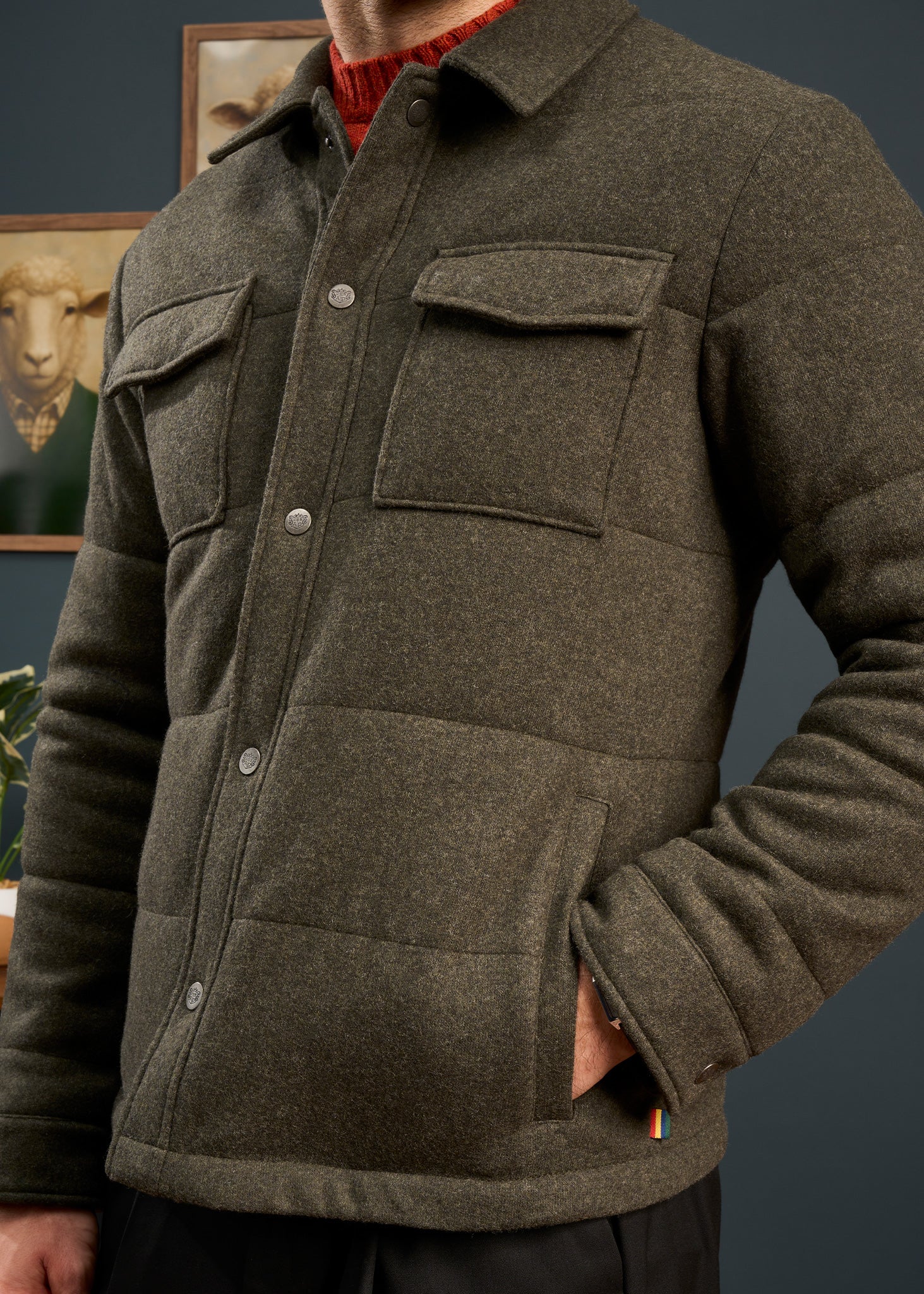 Richmond Men's Knitted Quilted Shacket In Olive - Image 3