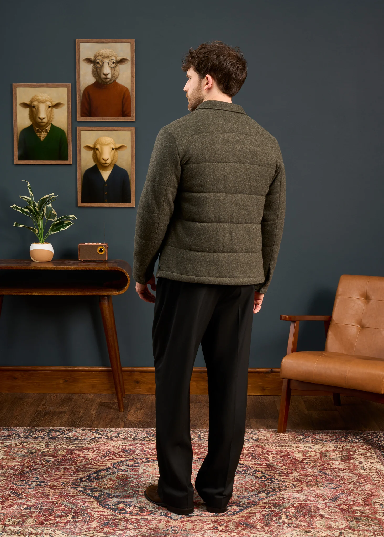 Richmond Men's Knitted Quilted Shacket In Olive - Image 5