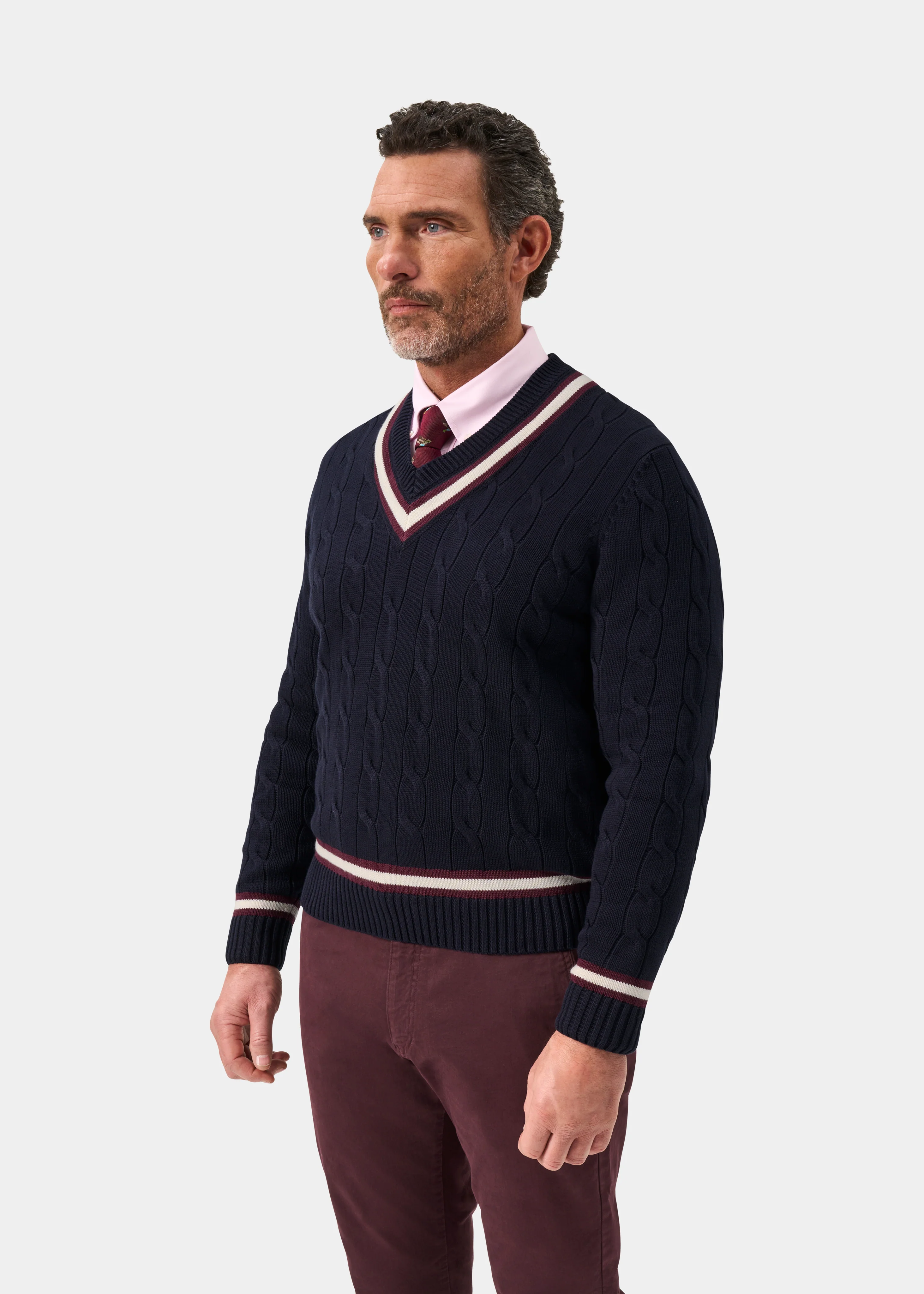 Sandridge Cable Knit Cricket Jumper In Dark Navy and Blackcurrant - Image 5