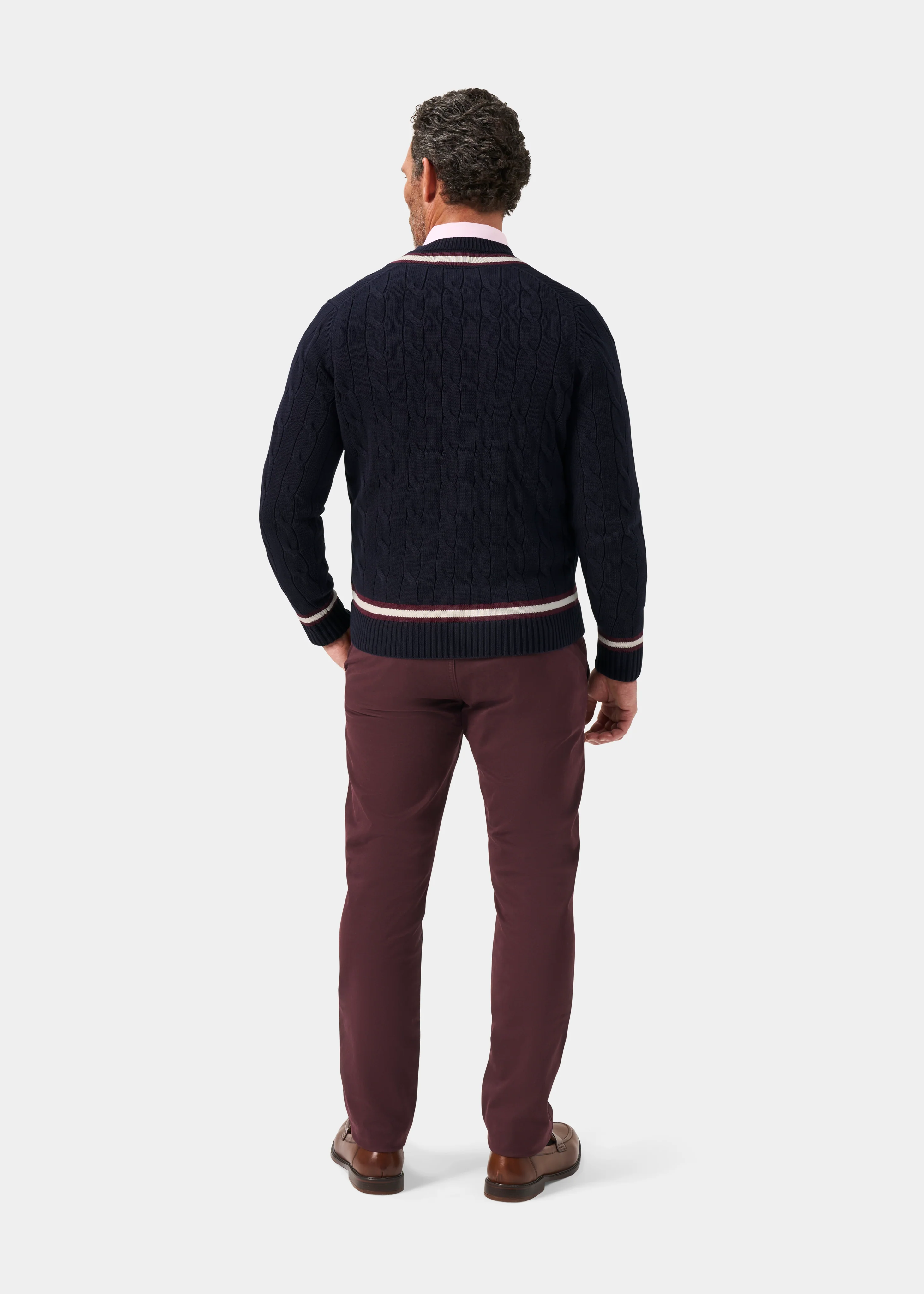 Sandridge Cable Knit Cricket Jumper In Dark Navy and Blackcurrant - Image 6