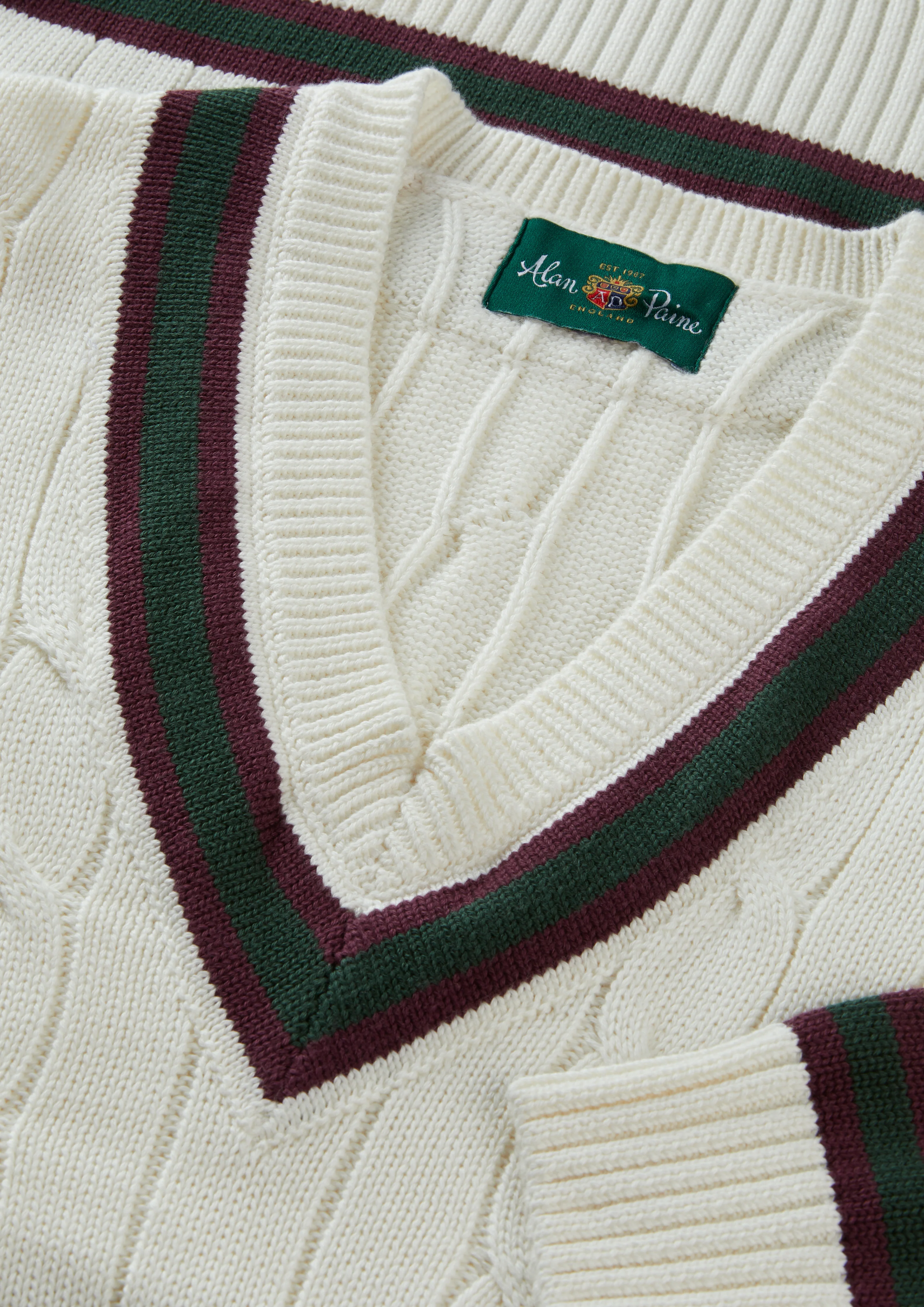 Sandridge Cable Knit Cricket Jumper In Ecru and AP Green - Image 4