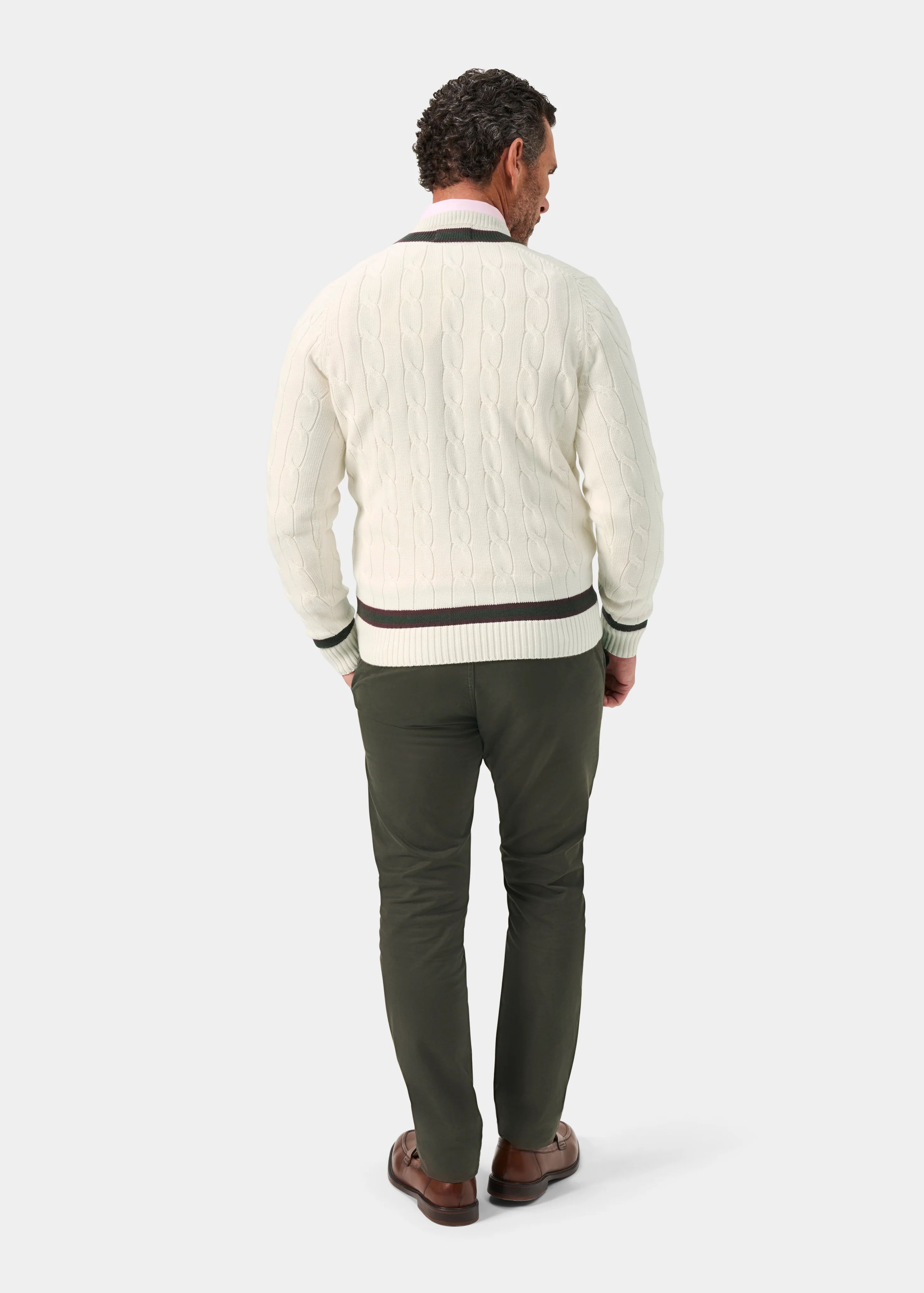 Sandridge Cable Knit Cricket Jumper In Ecru and AP Green - Image 6