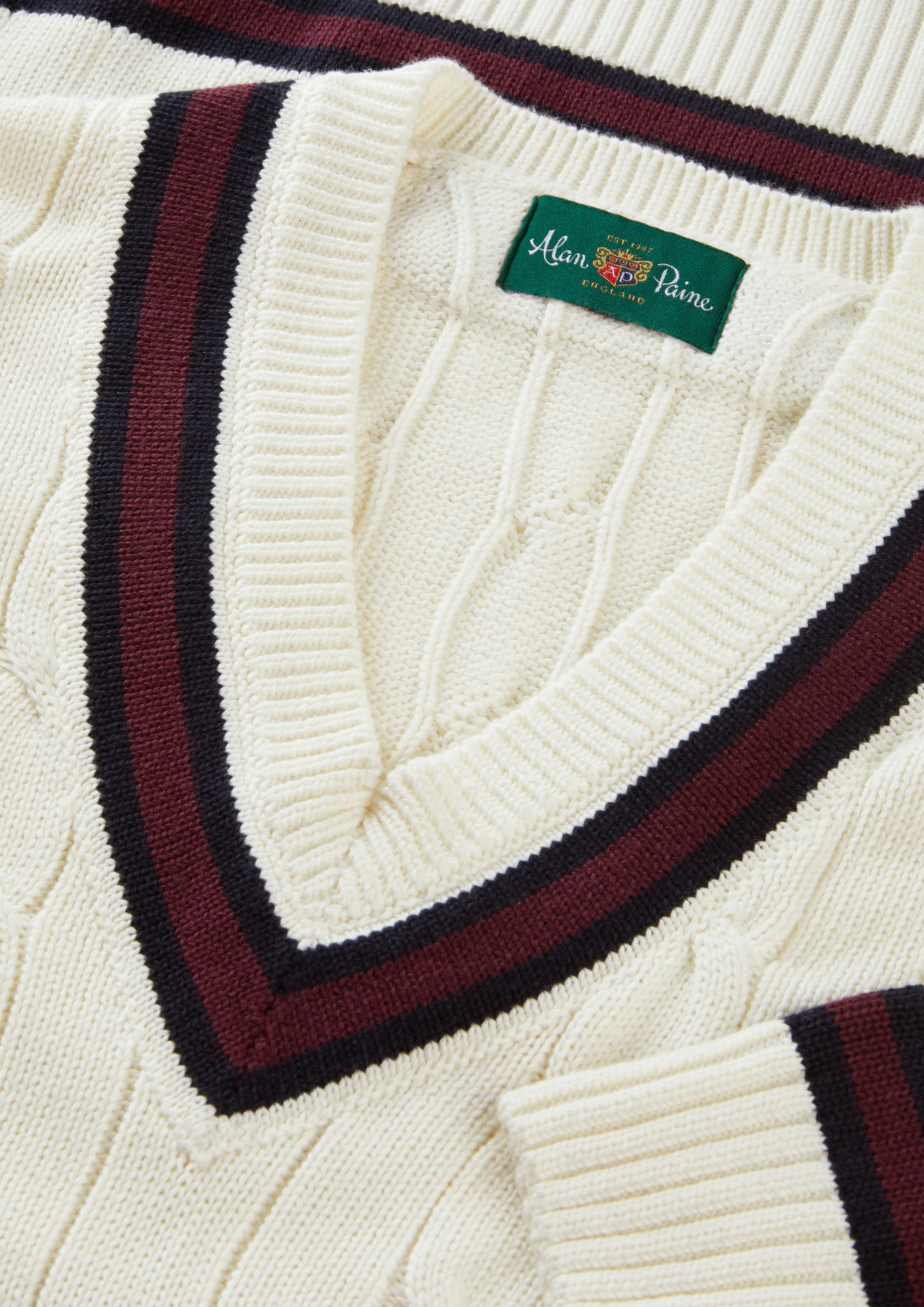 Sandridge Cable Knit Cricket Jumper In Ecru and Dark Navy - Image 4