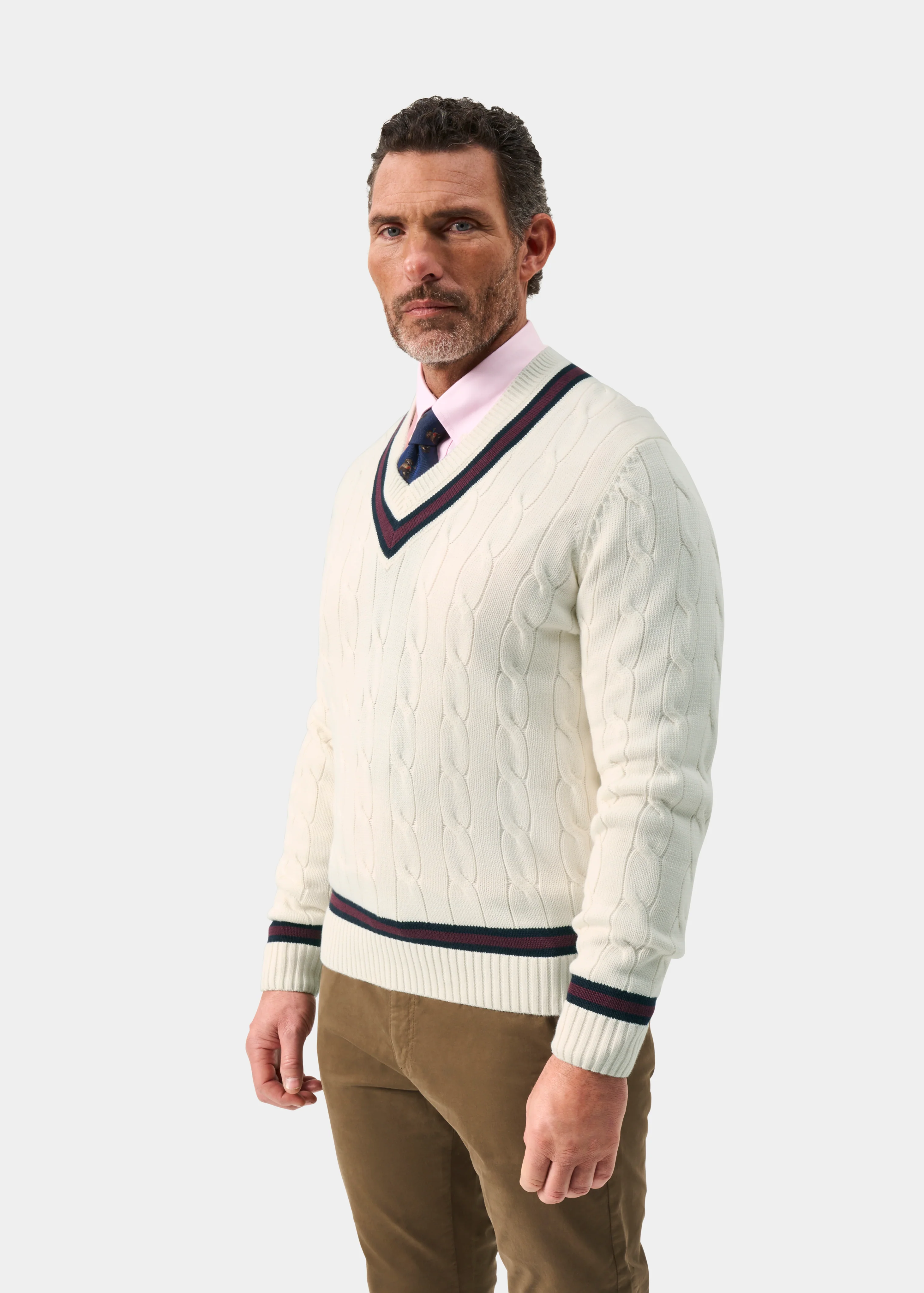 Sandridge Cable Knit Cricket Jumper In Ecru and Dark Navy - Image 5