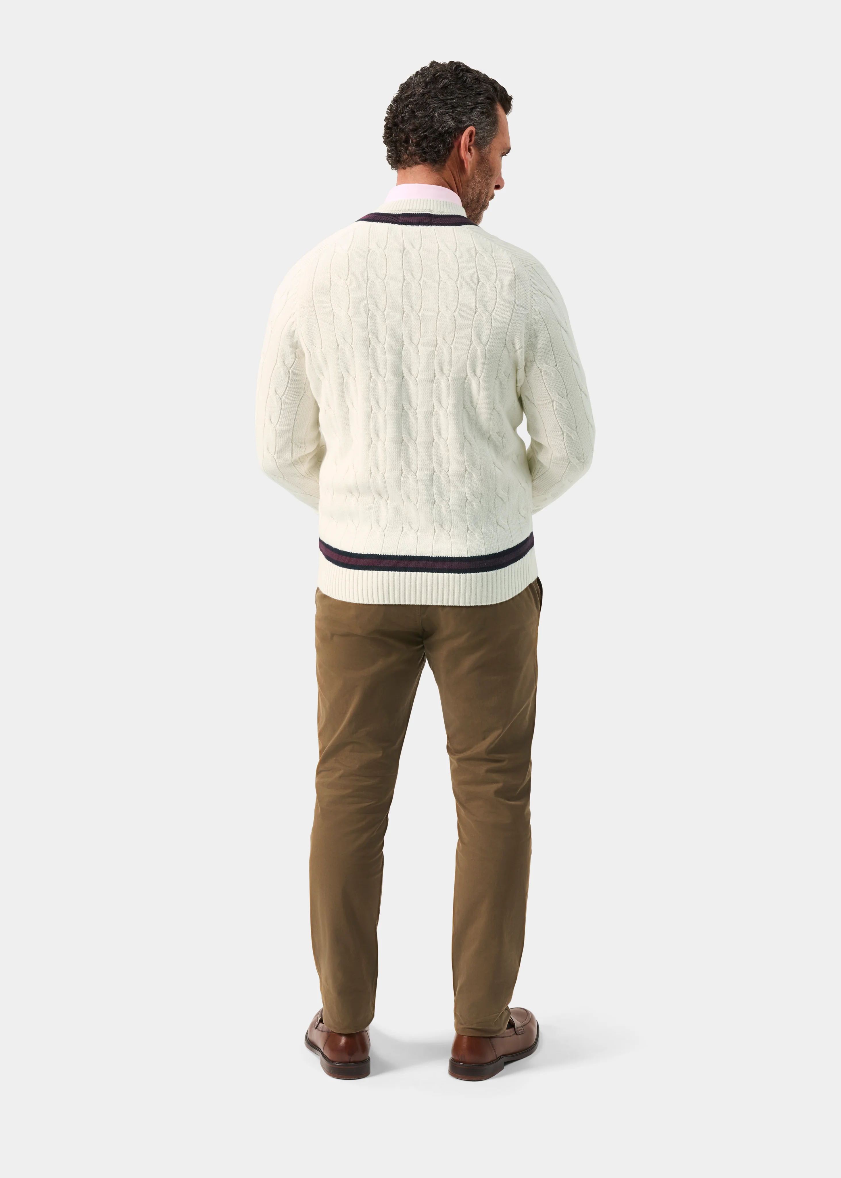 Sandridge Cable Knit Cricket Jumper In Ecru and Dark Navy - Image 6