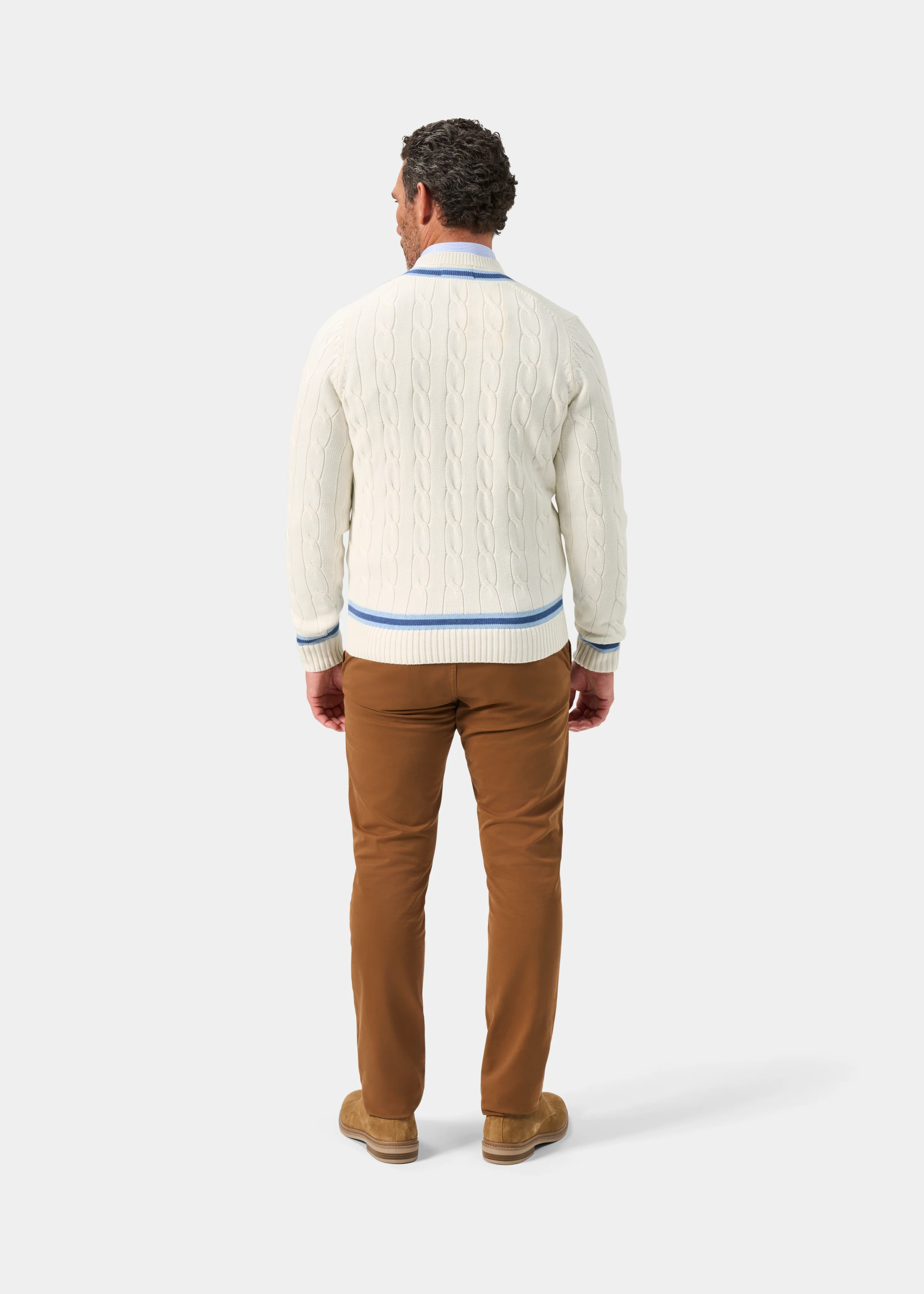 Sandridge Cable Knit Cricket Jumper In Ecru and Indigo - Image 6