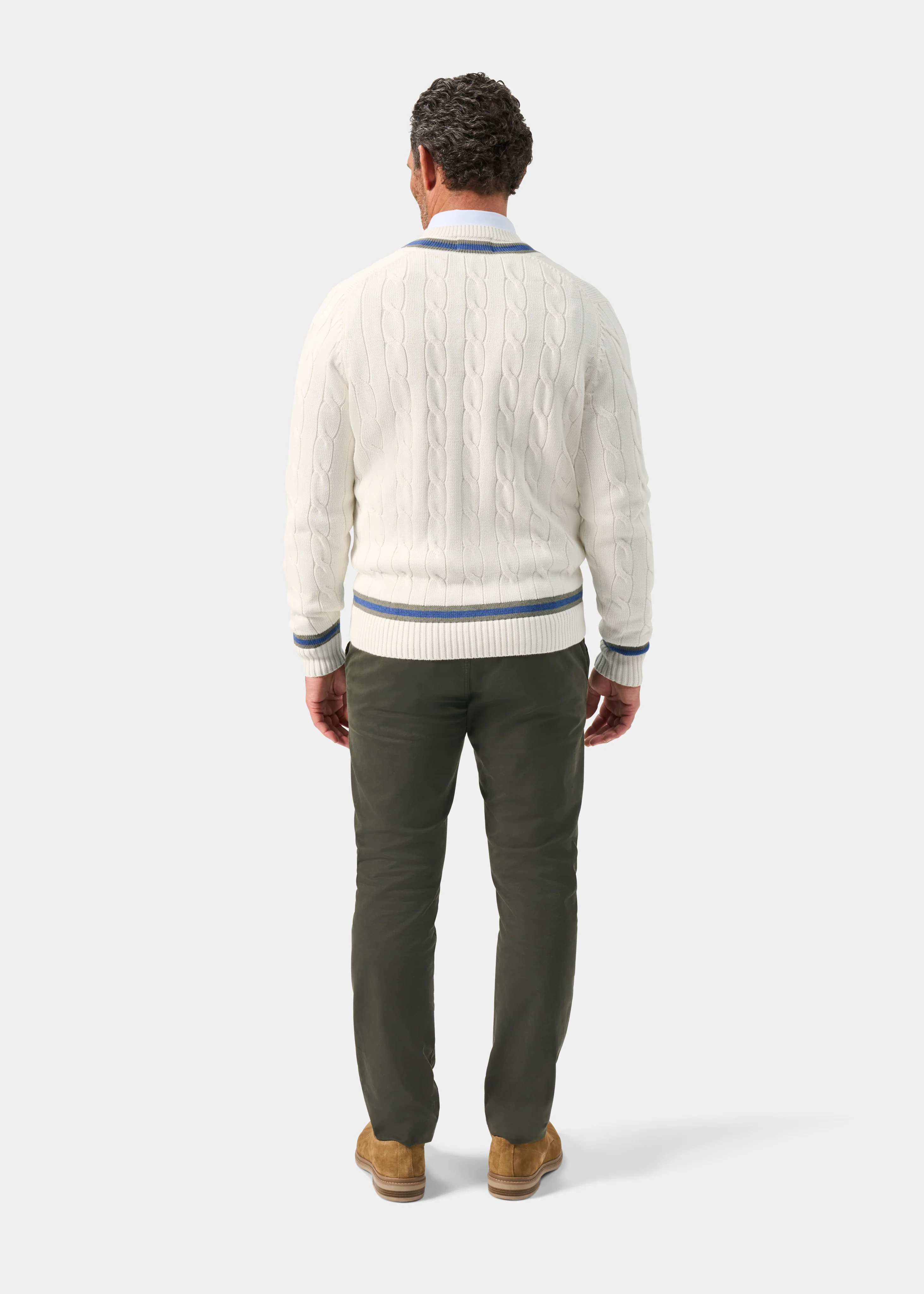Sandridge Cable Knit Cricket Jumper In Ecru and Landscape - Image 6