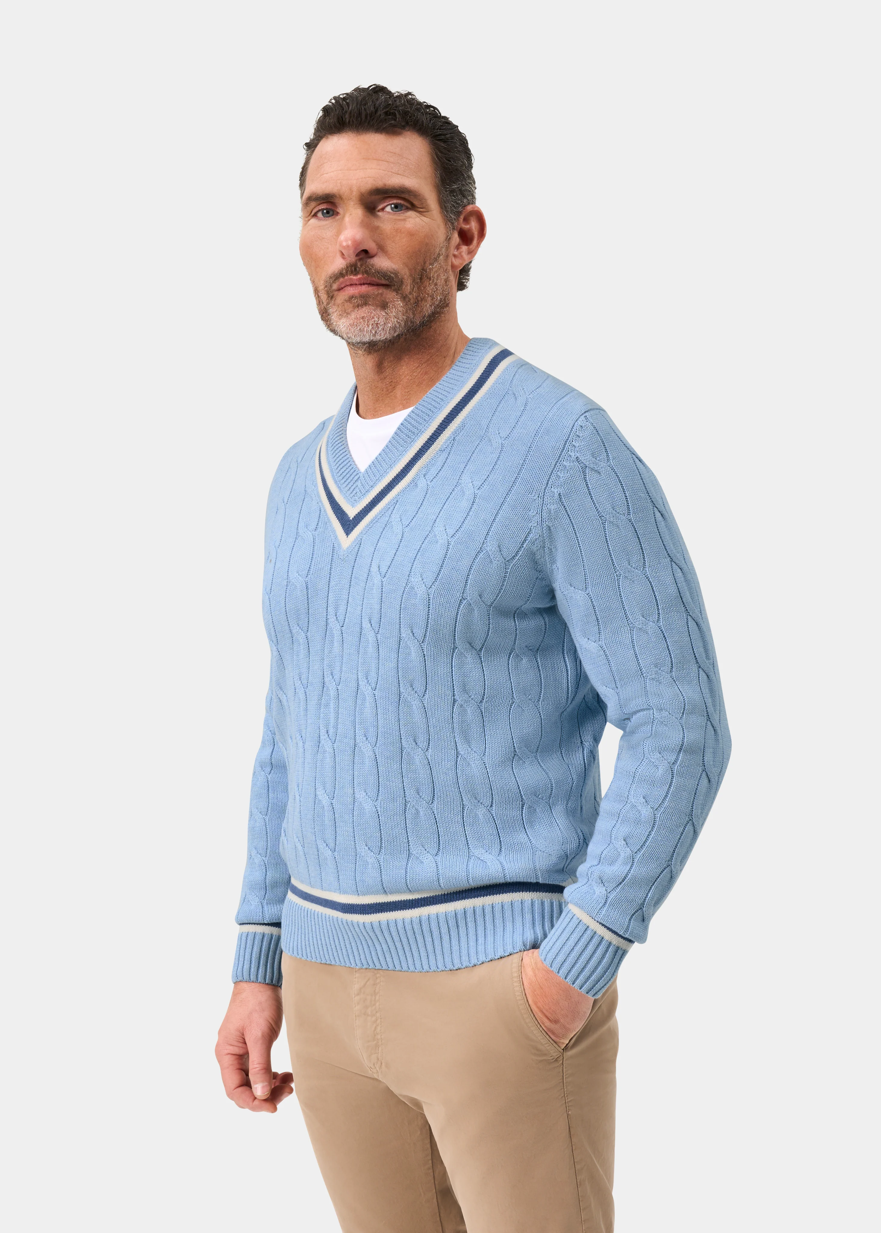 Sandridge Cable Knit Cricket Jumper In Steel Blue and Ecru - Image 5