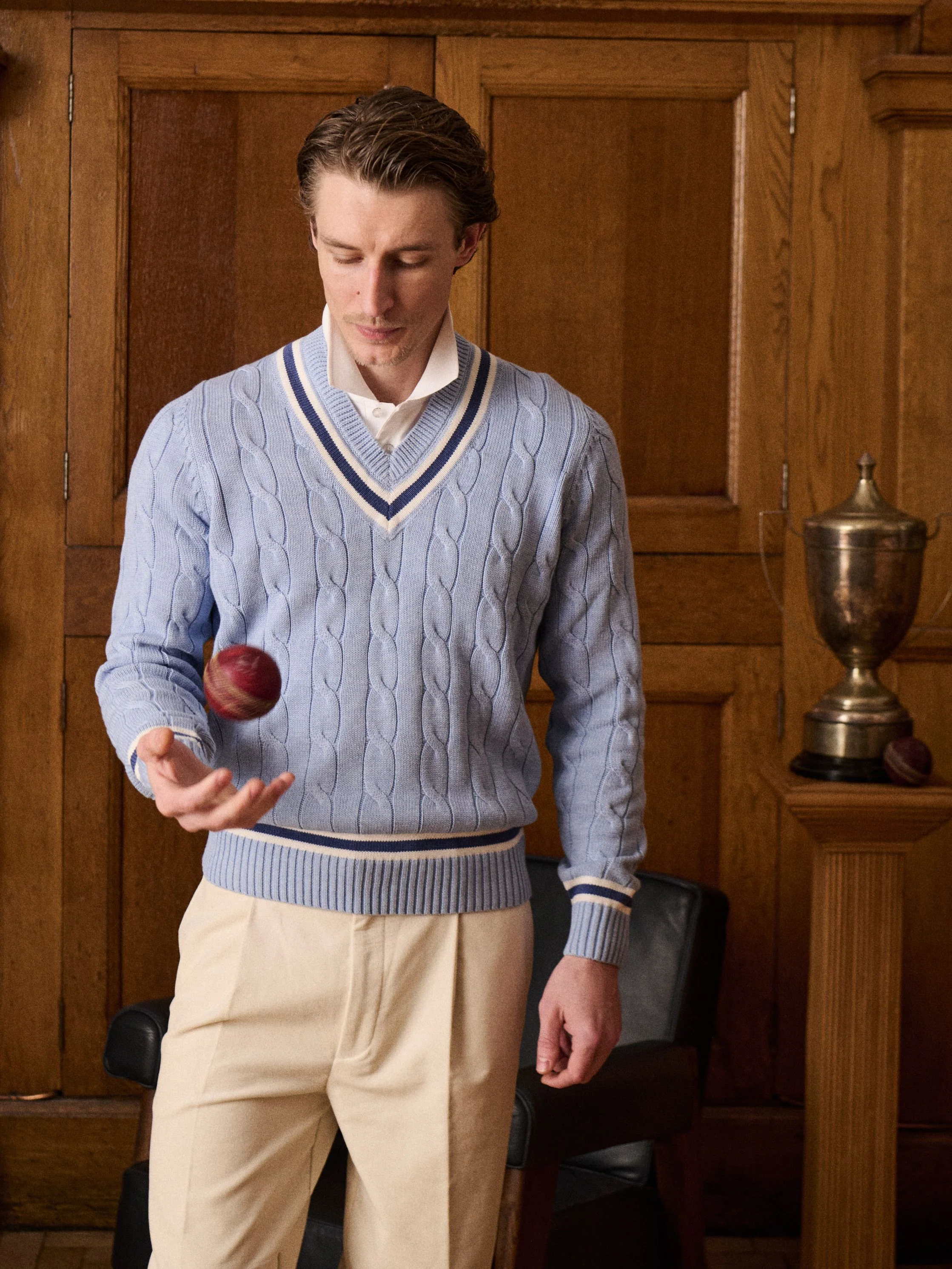 Sandridge Cable Knit Cricket Jumper In Steel Blue and Ecru - Image 8