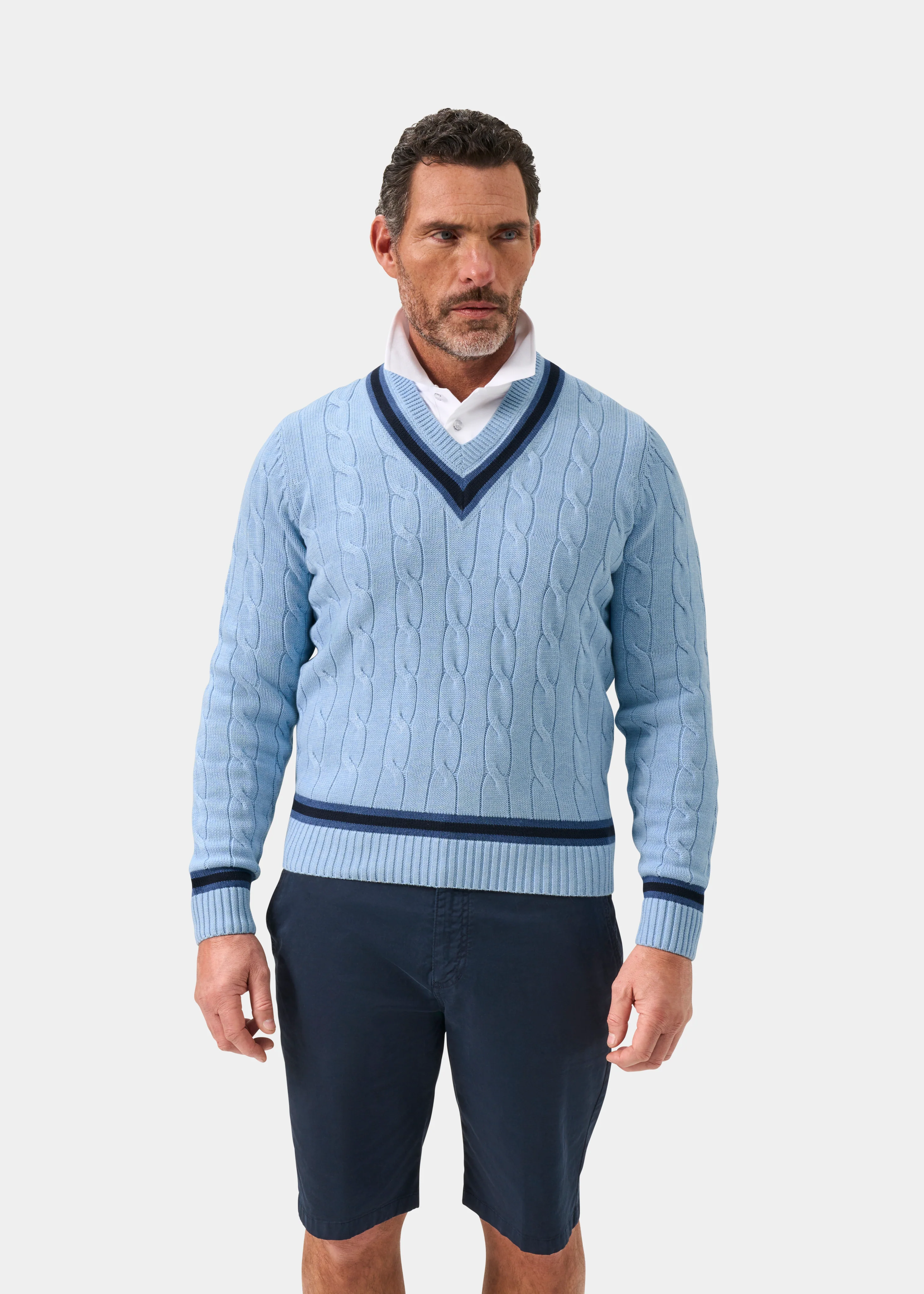 Sandridge Cable Knit Cricket Jumper In Steel Blue and Dark Navy - Image 5