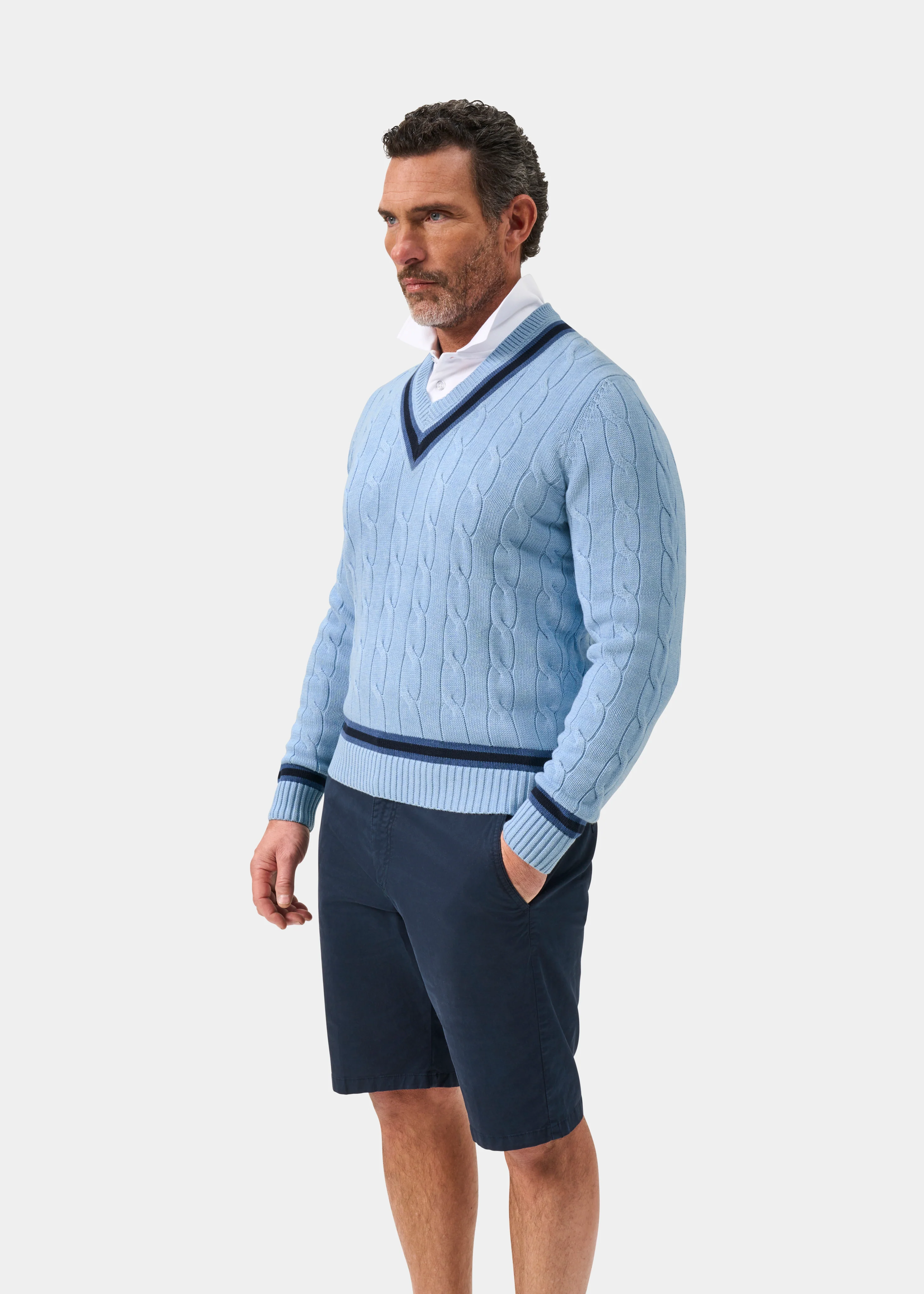 Sandridge Cable Knit Cricket Jumper In Steel Blue and Dark Navy - Image 6