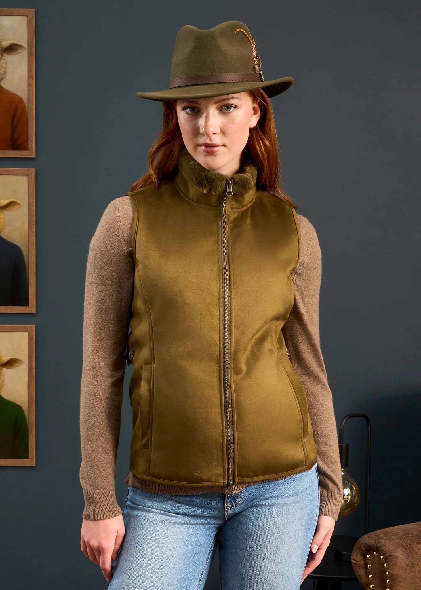 Surrey Ladies Water Repellent Faux Fur Lined Gilet in Olive  -  Regular Fit - Image 2