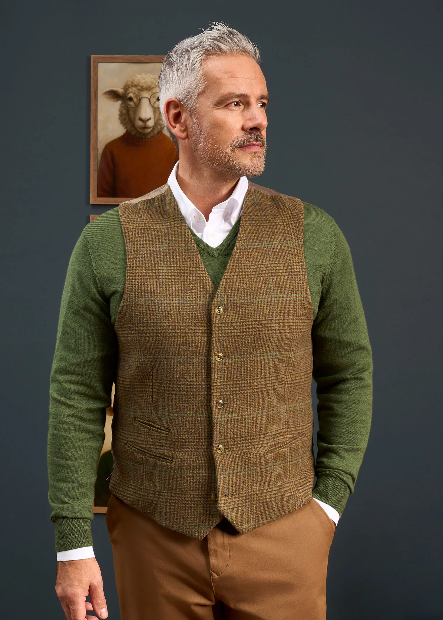 Surrey Men's Tweed Water Repellent Lined Waistcoat in Marsh  -  Regular Fit - Image 2