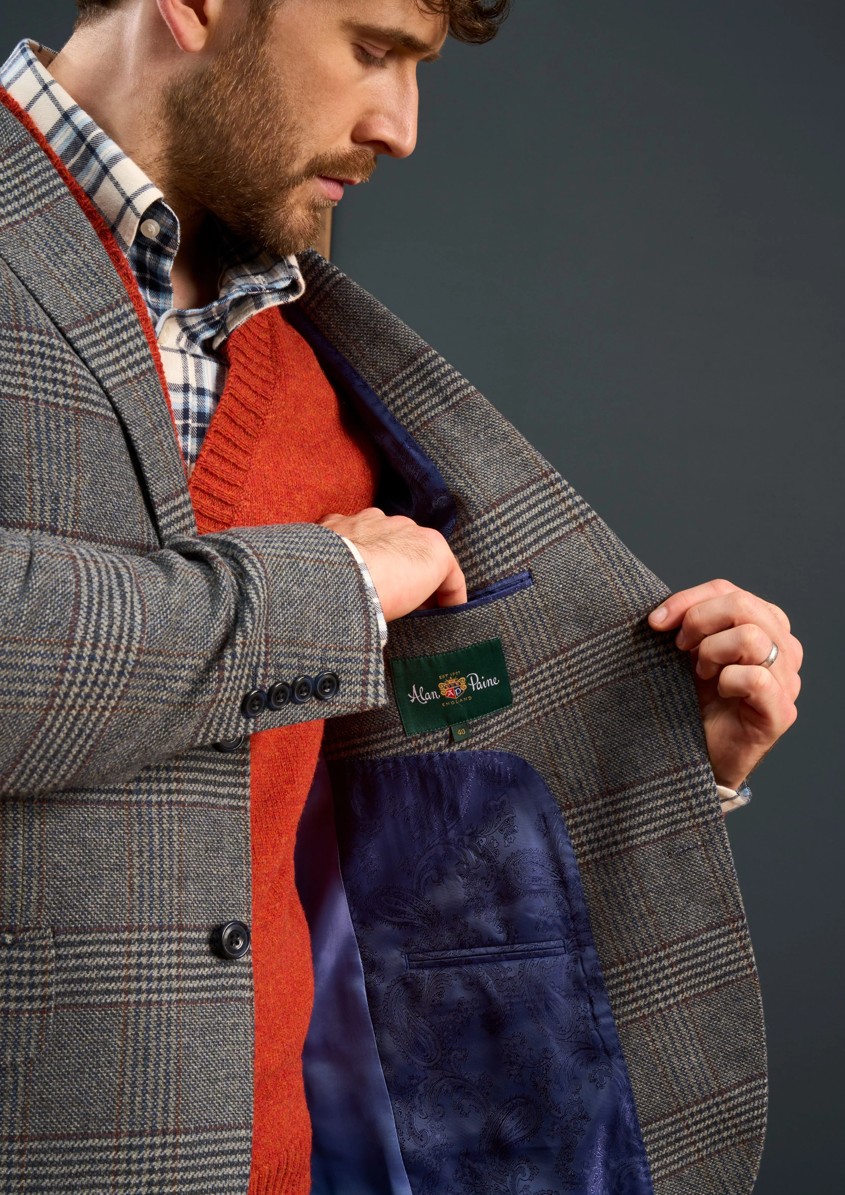Surrey Men's Tweed Water Repellent Lined Blazer in Blue Check  -  Regular Fit - Image 4