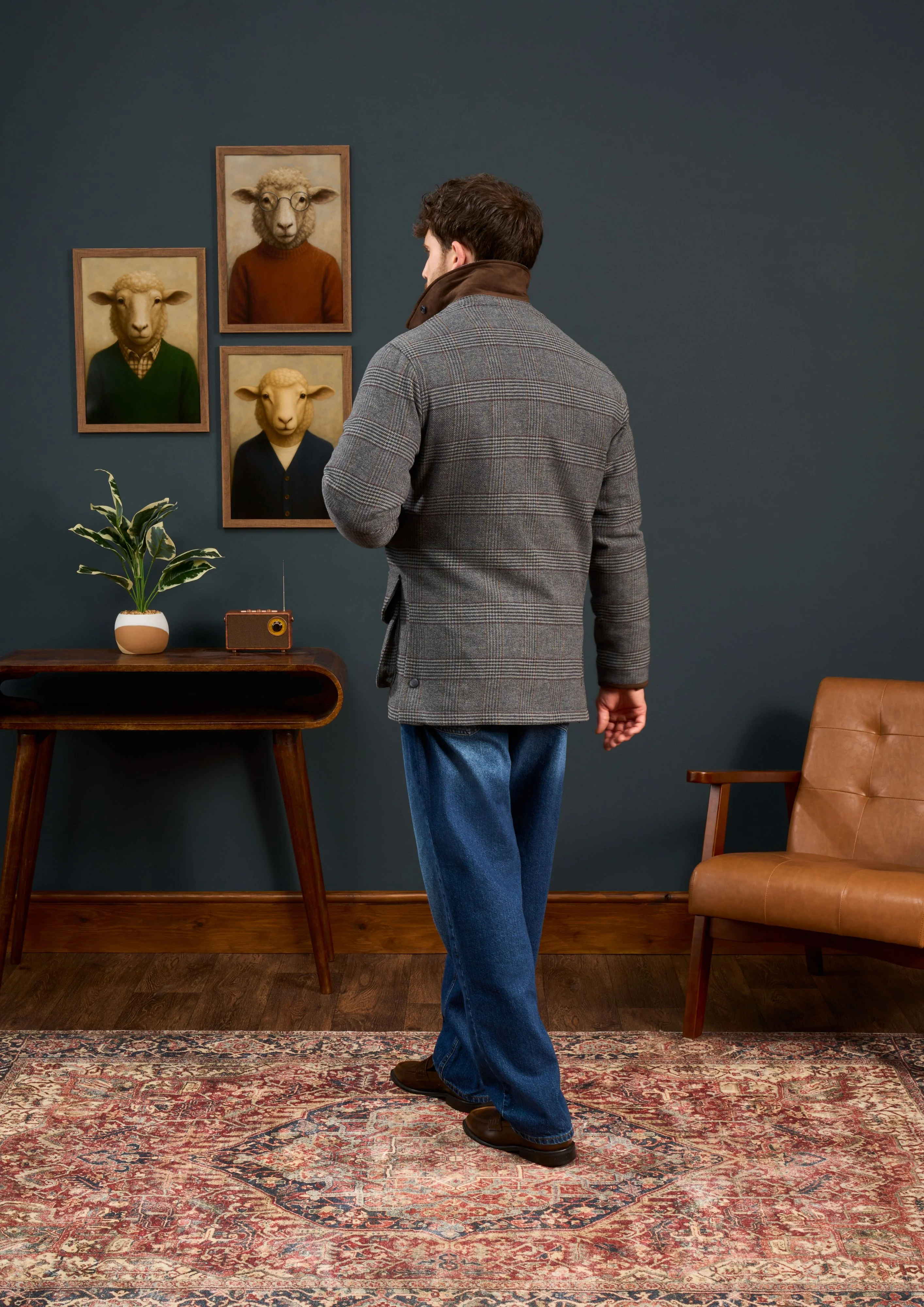 Surrey Men's Tweed Waterproof Coat in Blue Check  -  Shooting Fit - Image 4