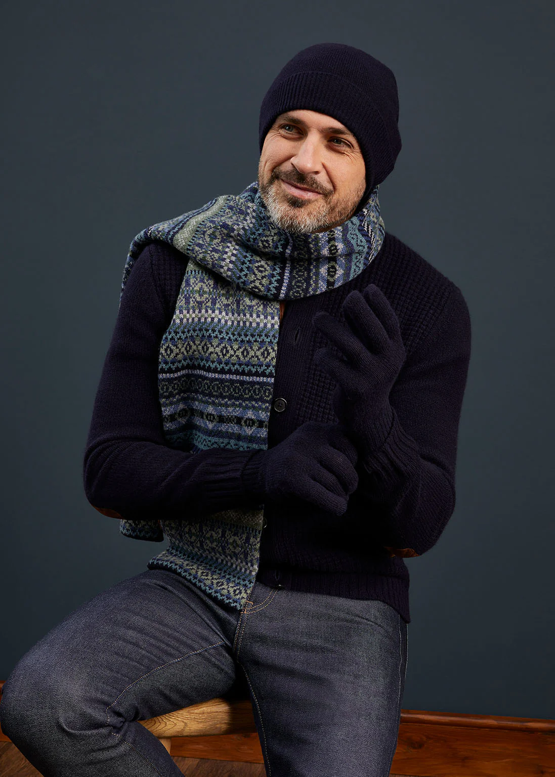 Tideswell Men's Knitted Wool Hat, Scarf and Glove Set In Navy - Image 2